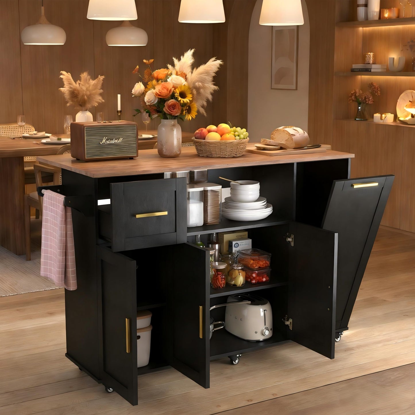 FFIQQ 59 Inch Large Mobile Kitchen Island Cart with Drop Leaf, 2 Cabinets, Drawer, Extra Counter Space & Trash Bin Storage, Rolling Portable Prep Table for Kitchen, Black, Particleboard