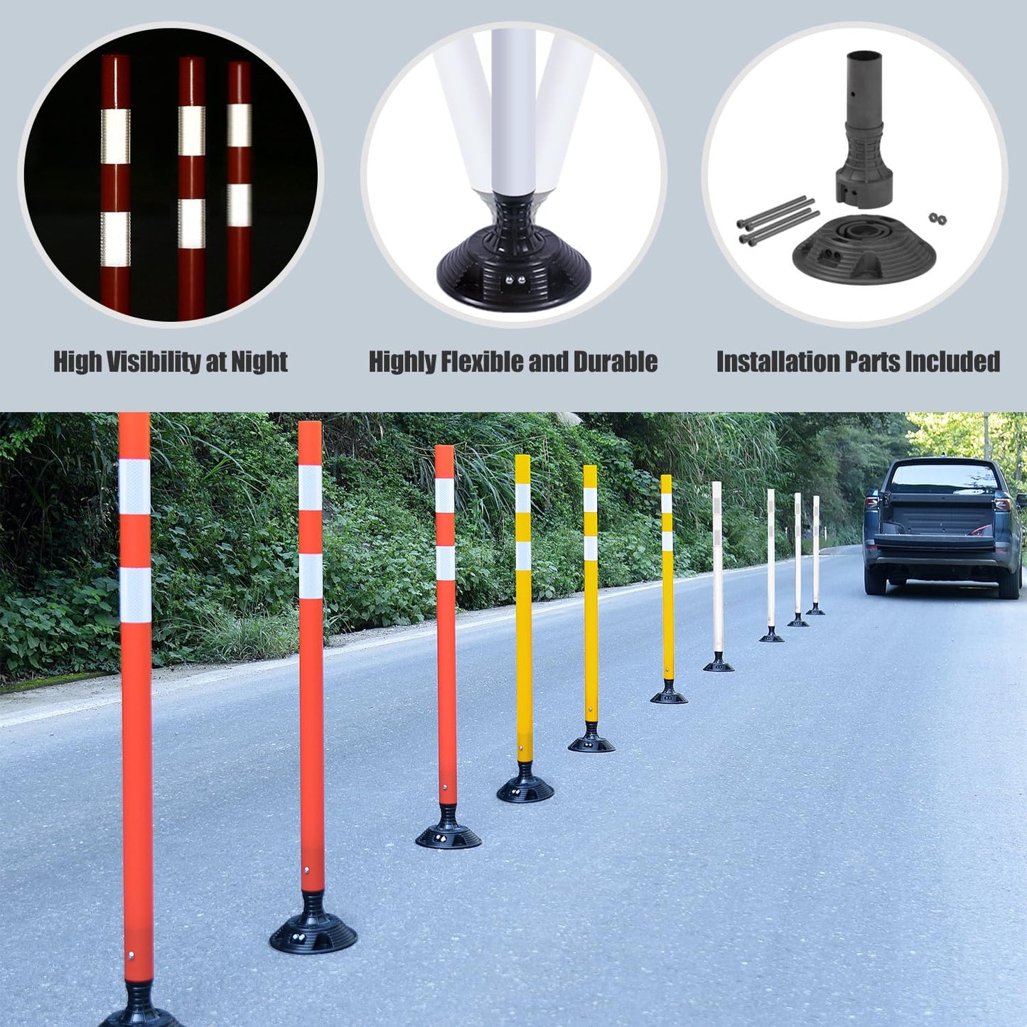 8 Pack Traffic Delineator Post Cones, High Visibility 3M Reflective Tapes, Flexible Spring Post with Detachable Base, for Highway Road Safety, Garage, Parking Lot (Yellow, 48")