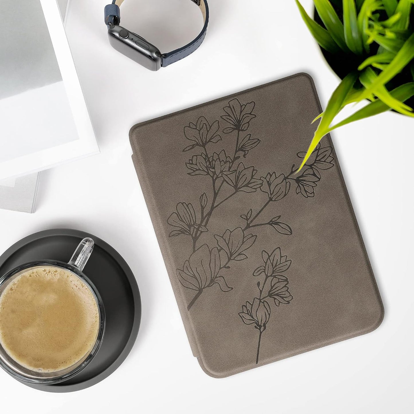 kwmobile 2E 4 Cover Compatible with Kobo Clara / Tolino Shine Cover - eReader Case - Magnolias Grey