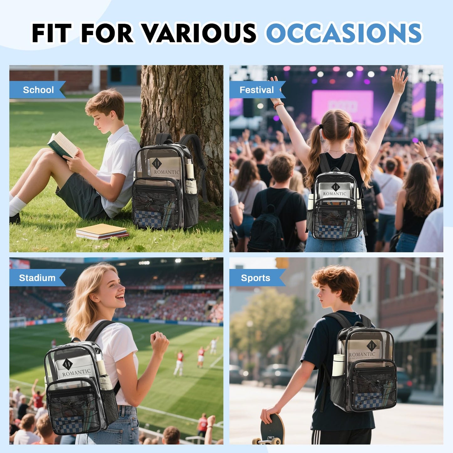 MUSEVOS Clear Backpack Heavy Duty for School, Large PVC See Through Backpacks for Stadium Events, Travel, Clear BookBag for Kids, Boys and Girls, Semi Black