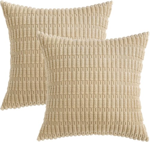MIULEE Corduroy Throw Pillow Covers - Soft Boho Striped Design | 16x16 Inch Tan for Modern Home Decor