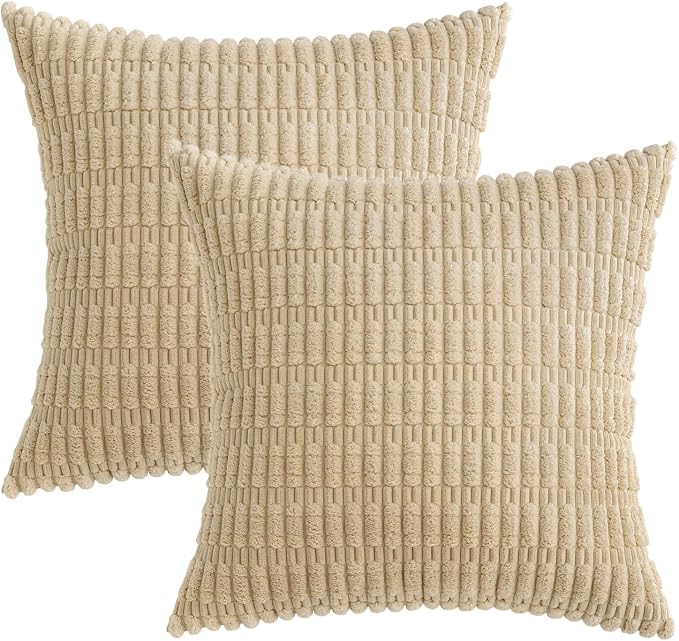 MIULEE Pack of 2 Corduroy Decorative Throw Pillow Covers 12x12 Inch Soft Boho Striped Pillow Covers Modern Farmhouse Home Decor for Sofa Living Room Couch Bed Tan