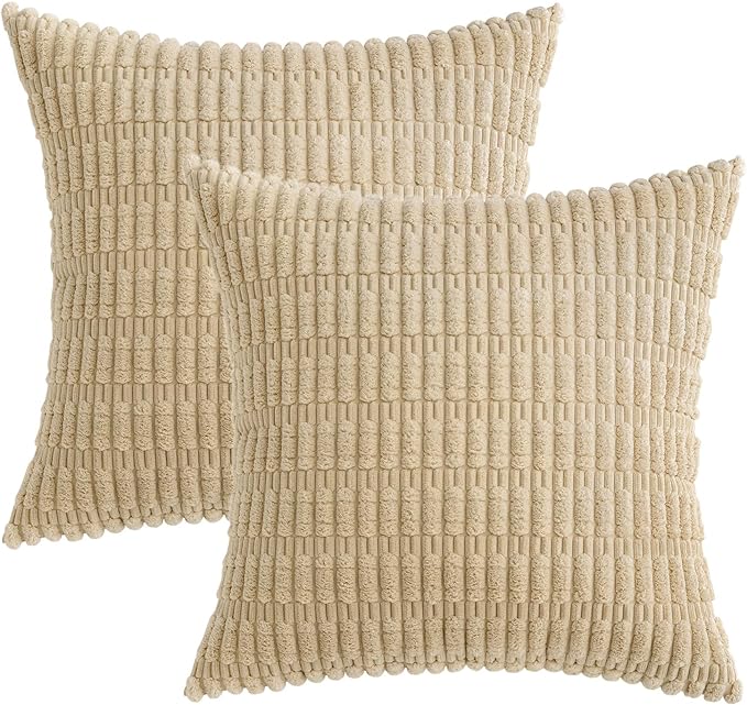 MIULEE Pack of 2 Corduroy Decorative Throw Pillow Covers 16x16 Inch Soft Boho Striped Pillow Covers Modern Farmhouse Home Decor for Sofa Living Room Couch Bed Tan