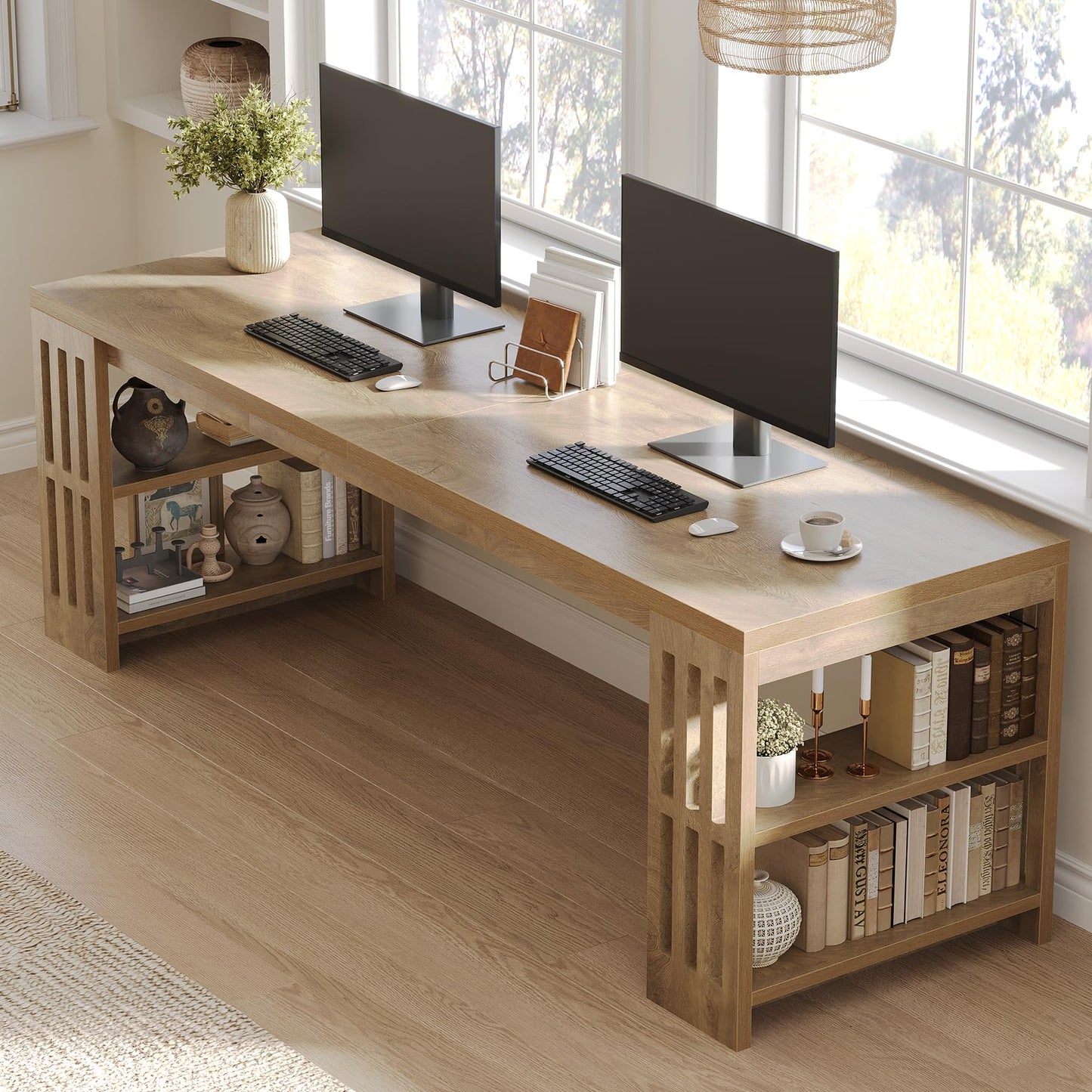 LITTLE TREE 78.7" Long Desk, 2 Person Desk with Shelves, Large Wooden Computer Desk, Heavy Duty Shelf Legs Design for Two Person Home Office, Business, Workstation, Natural (78.7" W x 23.6" D)