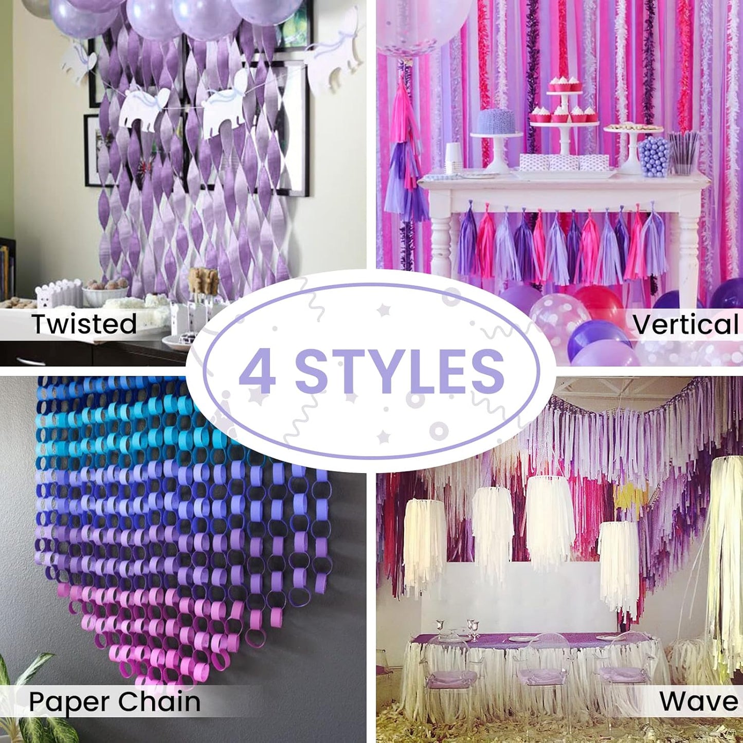 PartyWoo Crepe Paper Streamers - Pale Purple Party Decorations | 4 Rolls, 328ft Total Length (1.8 Inch x 82 Ft/Roll)