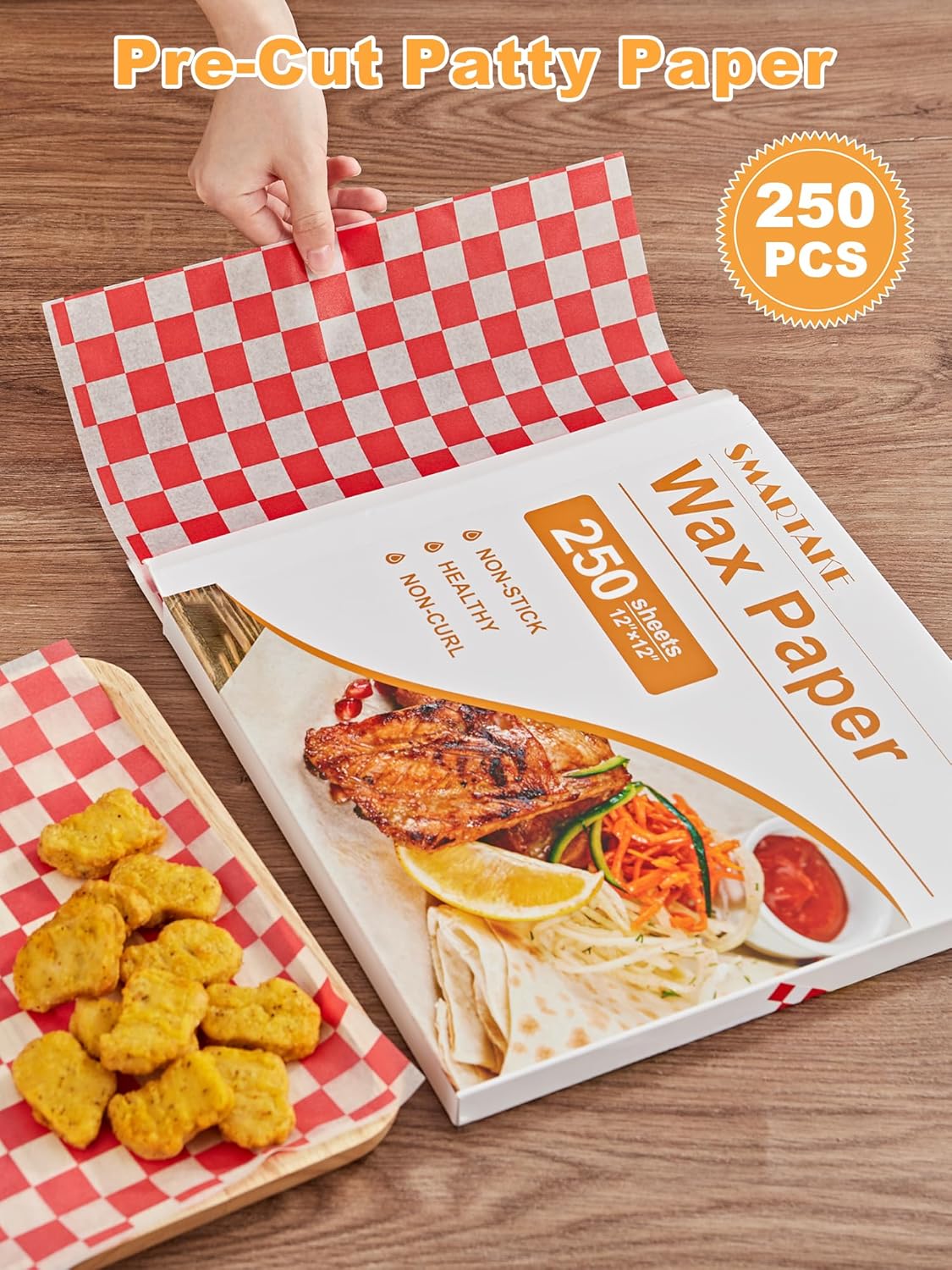 SMARTAKE Non-Stick Wax Paper - 250 Pcs 12x12 Inch Hamburger Patty & Sandwich Separators | Red Plaid