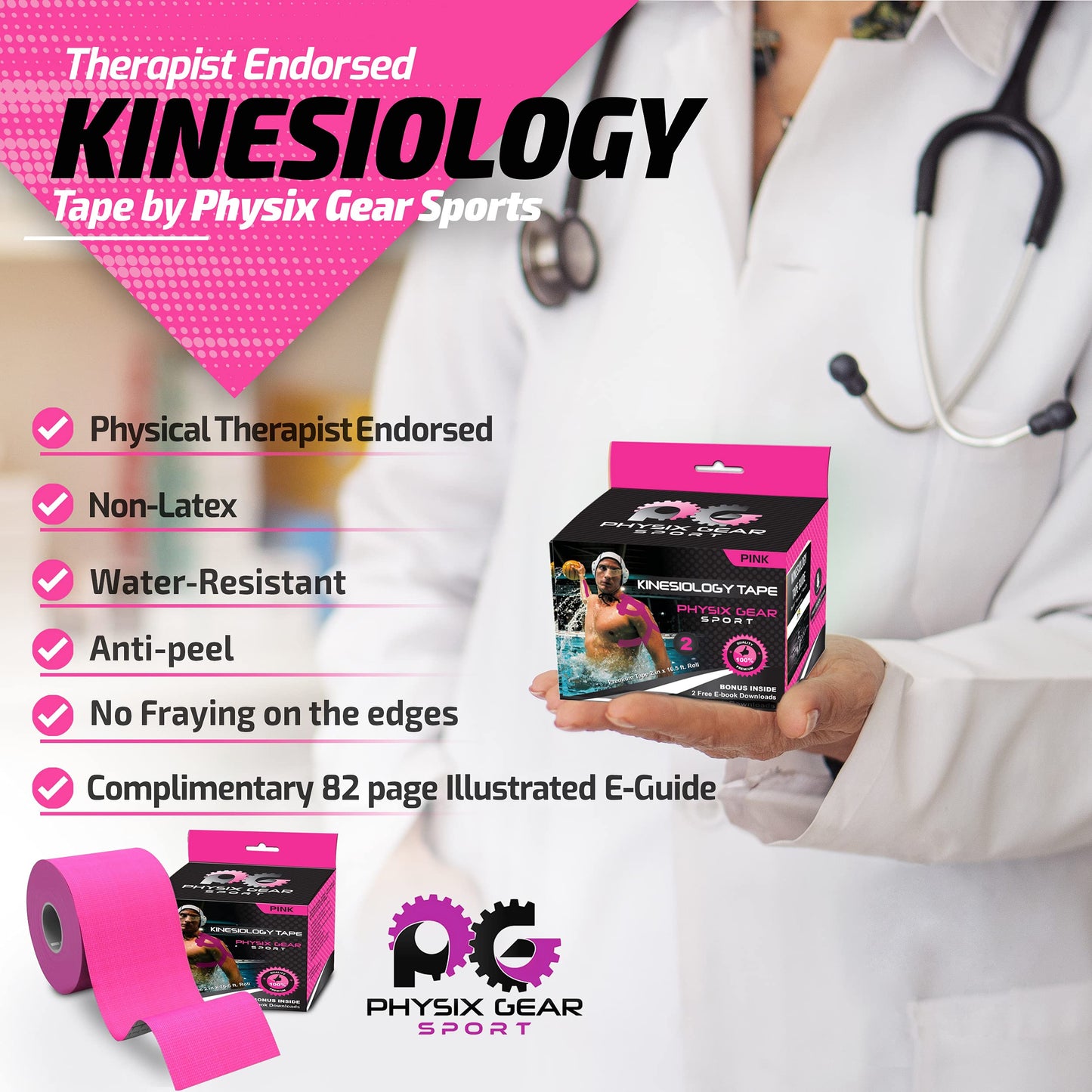 Physix Gear Cotton Kinesiology Tape Roll 16ft, Latex-Free Athletic Tape for Muscles/Joints, Waterproof Kinesiolgy, Stretchy Kinesiologytape, Gentle on Skin Kiniseaology Tape, Pink (1 Pack), 5m
