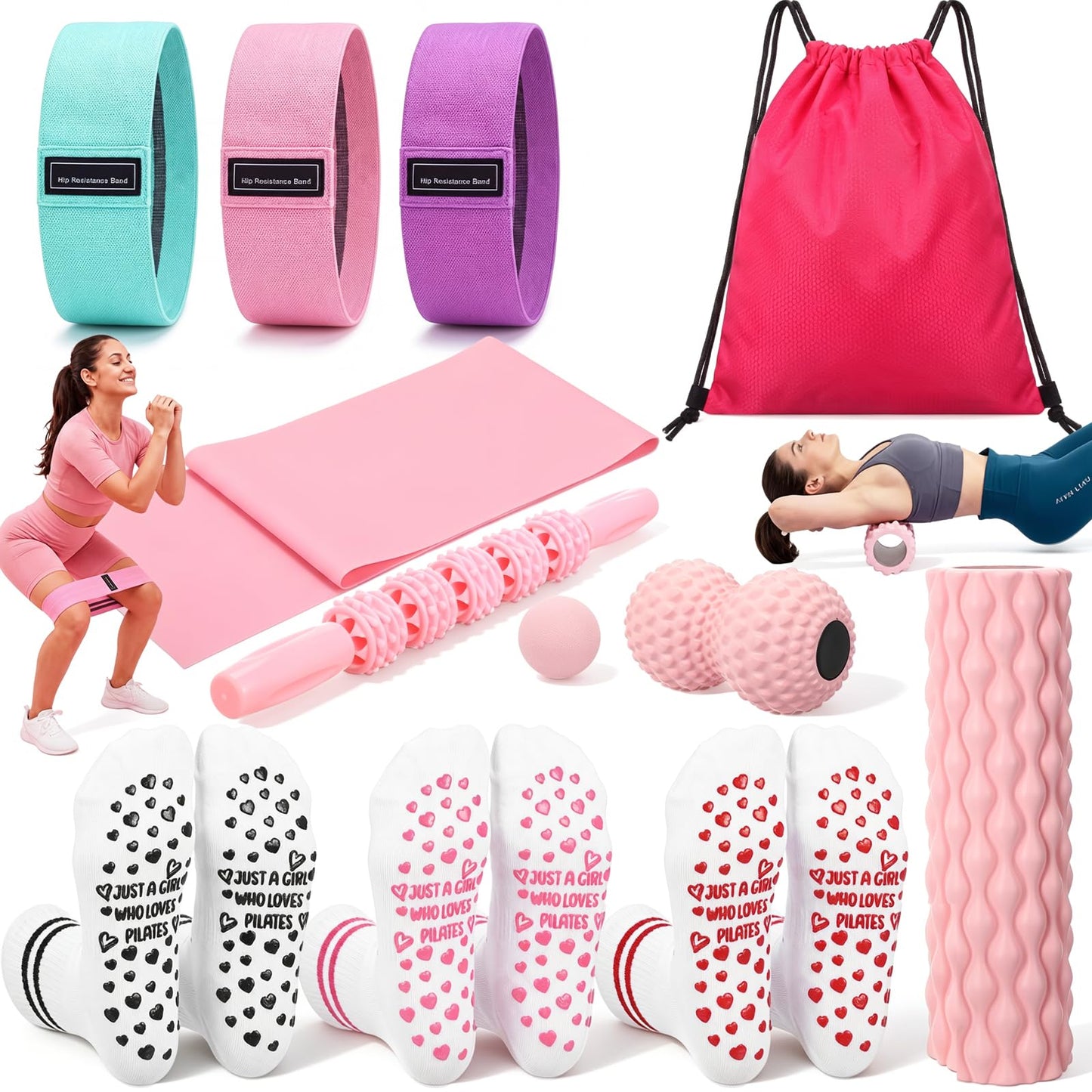 Foilswirl 12 Pcs Home Pilates Kit Pink Pilates Equipment Set for Women with Resistance Bands, Massage Balls, Stretch Strap, Peanut Ball, Foam Roller, Yoga Socks and Backpack for Home Workout Exercise