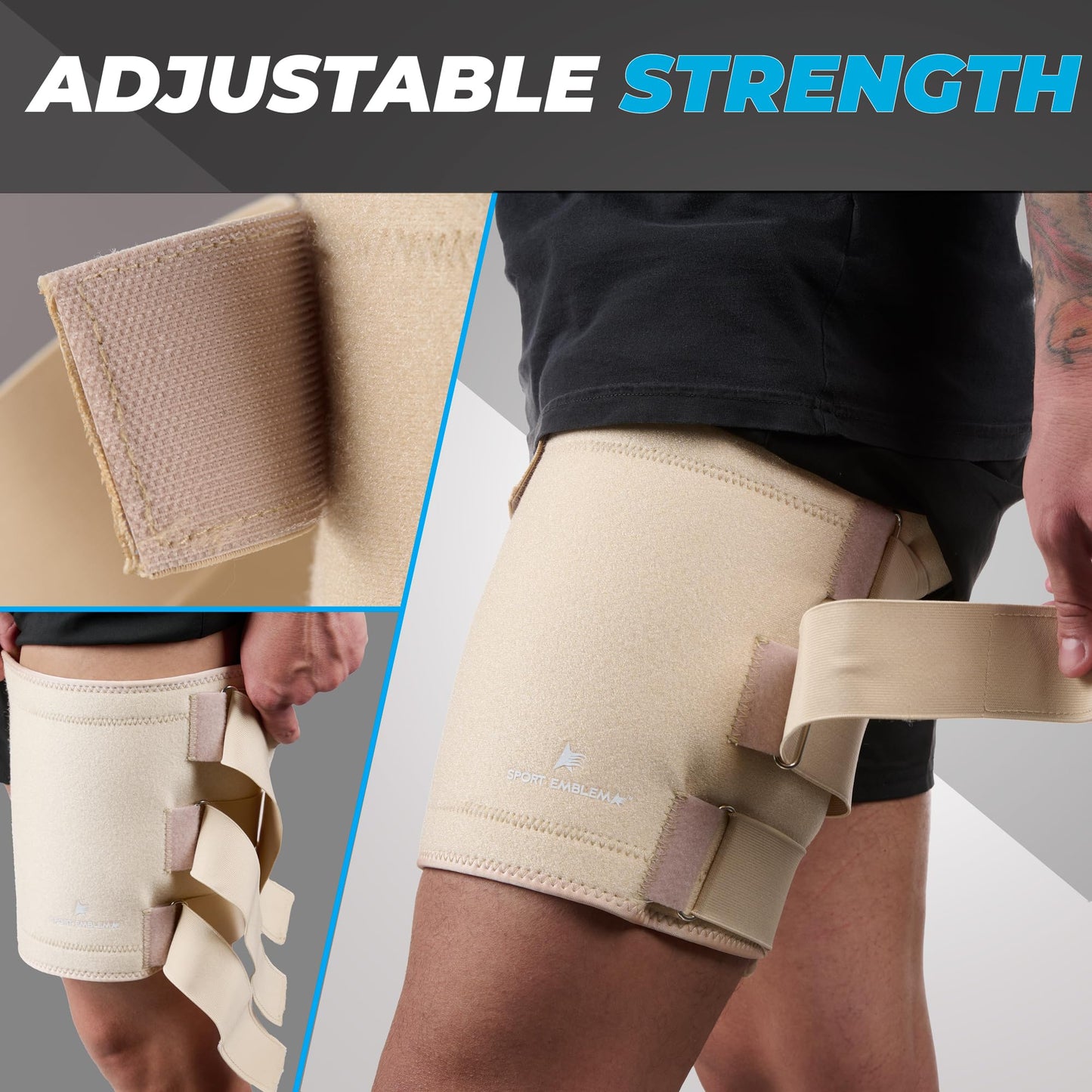 SportEmblema 2026 Upgraded Thigh Compression Sleeve for Men & Women, Sturdier Non-Slip Hamstring Compression Wrap for Quad & Leg Support, Hook and Loop Thigh Brace for Pulled Muscle, Fits 16"-24"-Skin