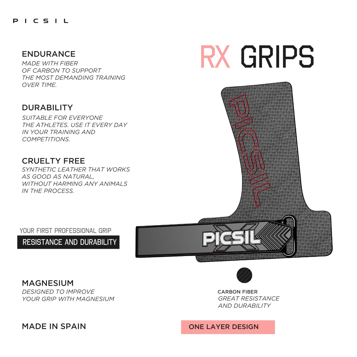 PICSIL RX Grips for Cross Training and Gymnastics, Carbon Fibre Material, Use with Magnesium, Grip on All Surfaces and Bars, Designed for All Athletes