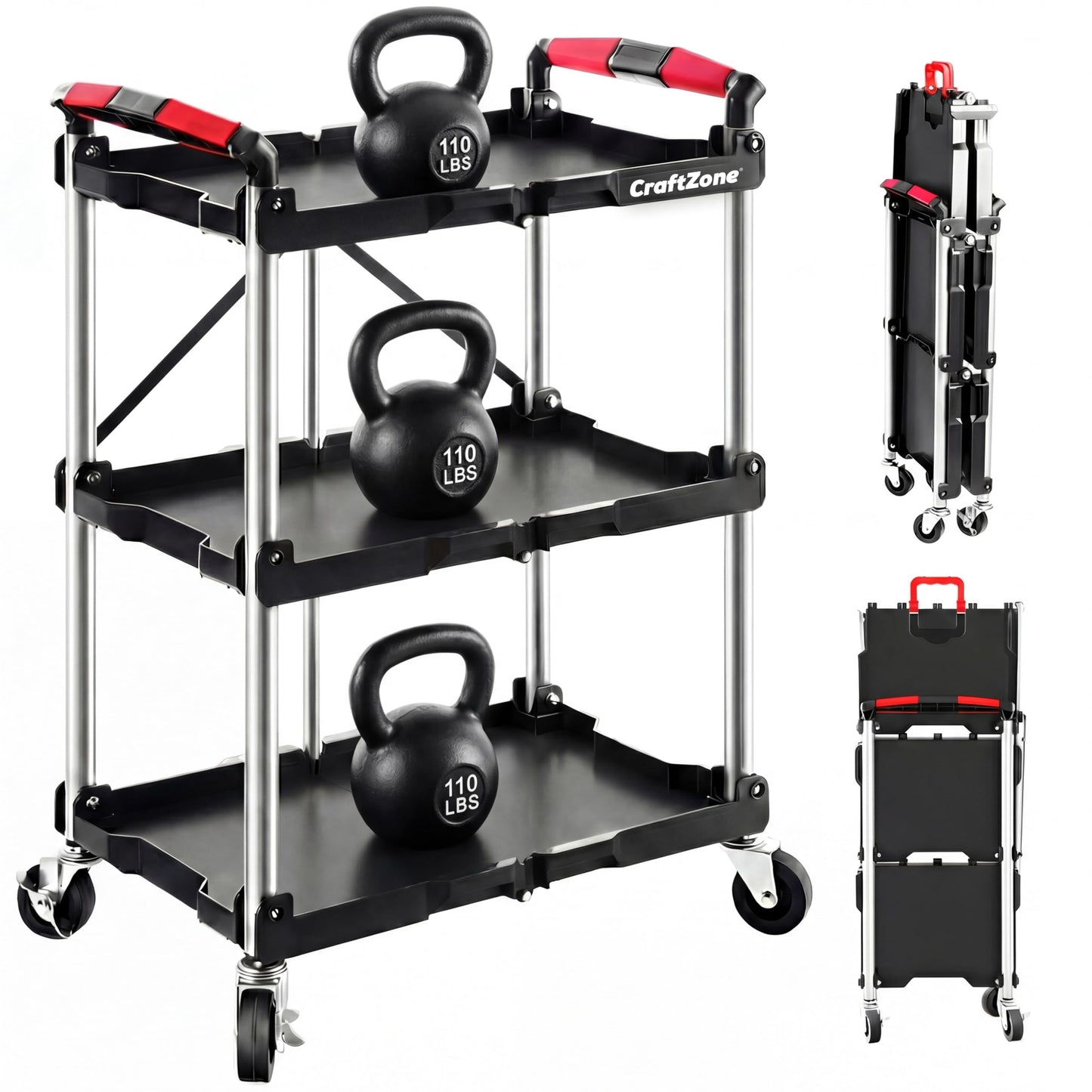 CRAFTZONE Folding Service Cart,Rolling Utility Cart,330 LBS Collapsible Service Cart,3 Shelf Heavy Duty Foldable Tool Cart