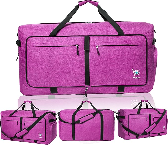 Bago Large Foldable Duffel Bags for Traveling Women & Men - 80L Packable Duffle Bag for Travel with Shoe Compartment - Water Repellant, Heavy Duty, Lightweight Folding & Collapsible (SnowPink)
