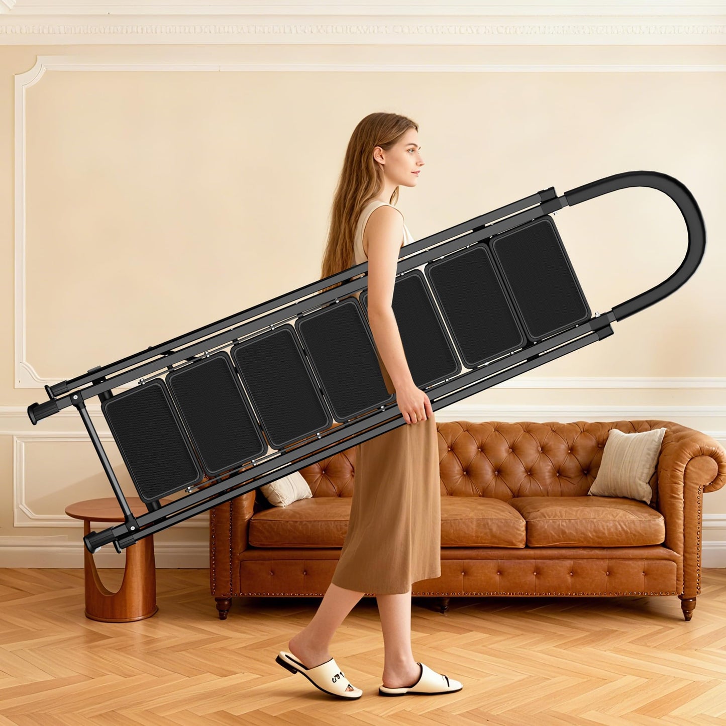 9 Step Folding Ladder,Portable Sturdy Carbon Steel Ladder for Home & Kitchen Use,Heavy - Duty Step Stool with Anti - Slip Pedal and Handrails,Black