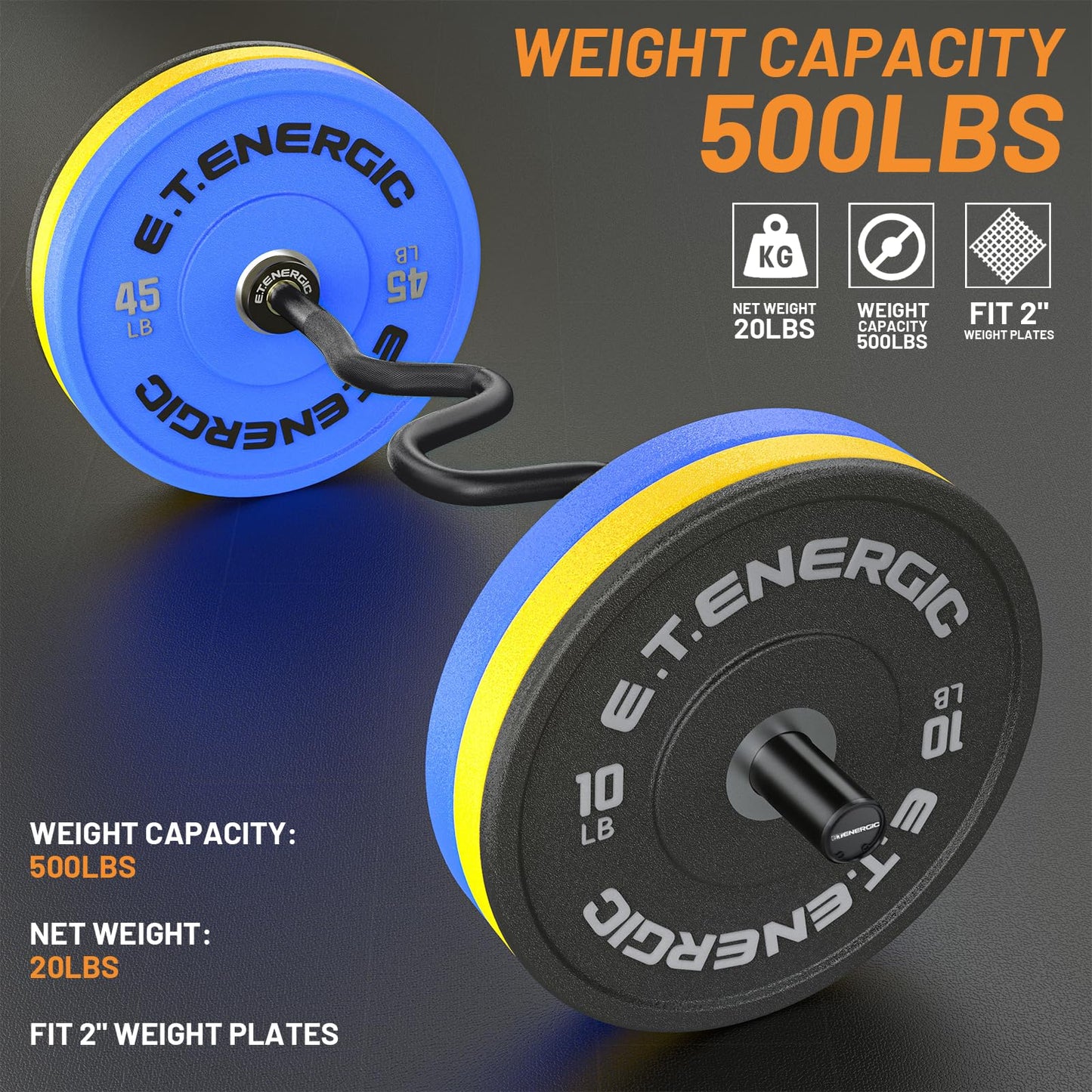 E.T.ENERGIC 47" Olympic Super EZ Curl Bar 500-lbs Capacity Steel Barbell Suitable for 2" Barbell Plates