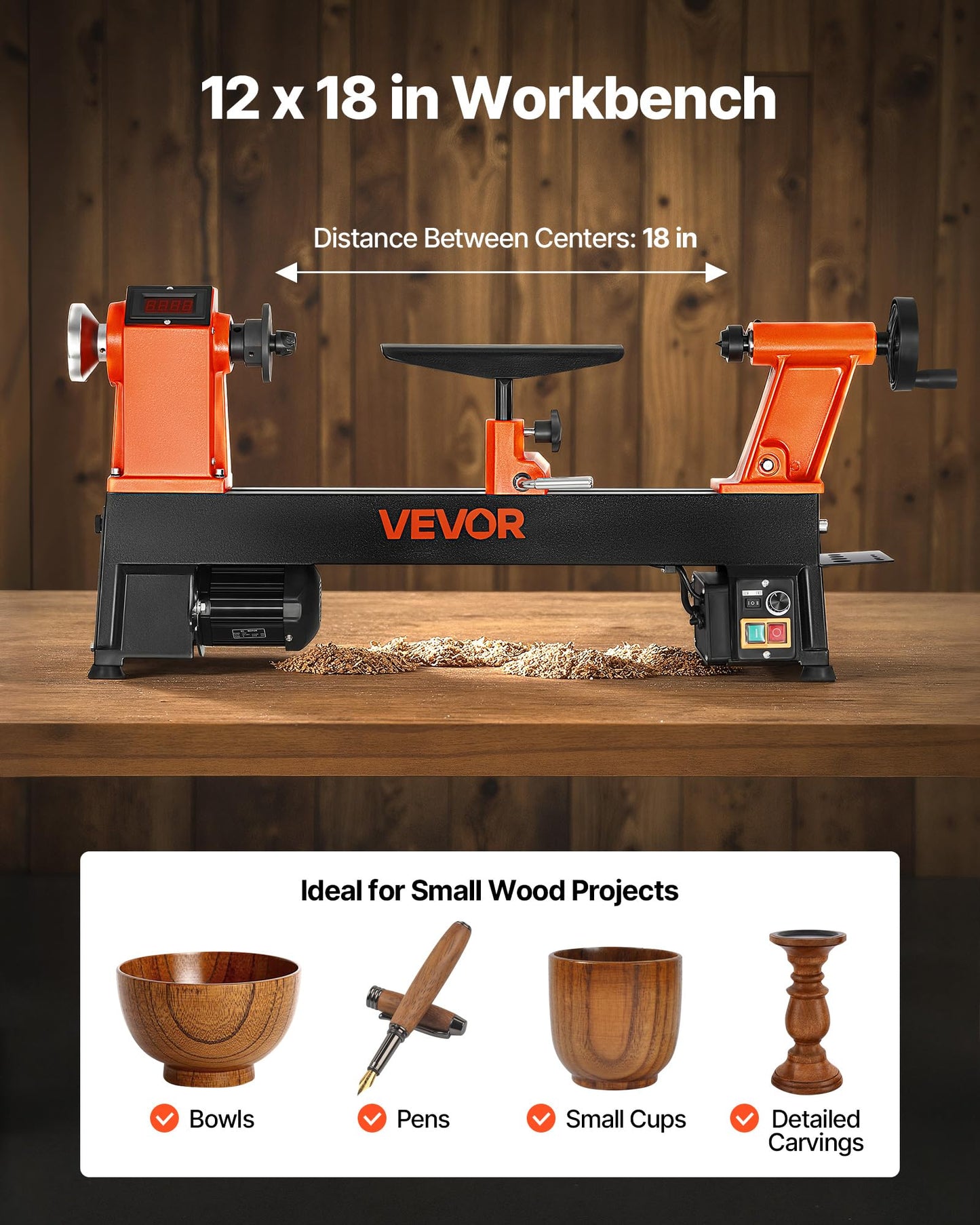 VEVOR Wood Lathe, 6Amp 1 HP Benchtop Wood Lathe Machine with 150 to 3800 RPM Variable Speed 12 x 18" Workbench Brushless DC Motor Cast Iron Construction for Beginners DIY Enthusiasts Woodworking