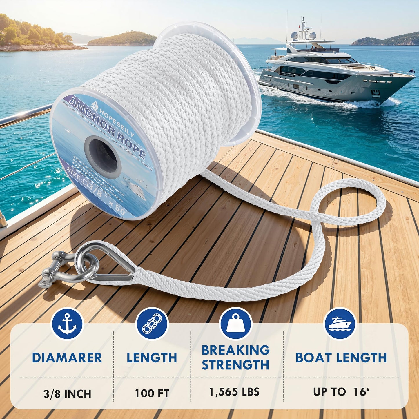 HOPESEILY 3/8 x 100FT Boat Anchor Rope, Premium Solid Braid MFP Marine Line with Stainless Steel Thimble & Shackle for Boats Jet Ski Yacht Dock, Heavy Duty (White)