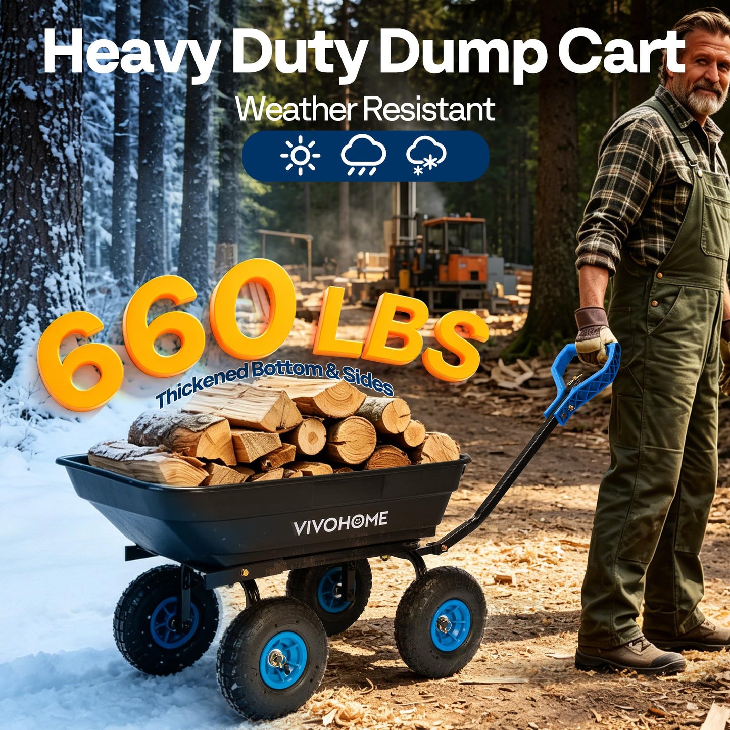 VIVOHOME 4 Cu.Ft 660lbs Wheelbarrow Garden Cart Dump Wagon with 2-in-1 Convertible Handle Attach to ATV or Tractor, 10" All Terrain Wheels, Quick Release Heavy Duty Utility Trailer for Yard-Blue