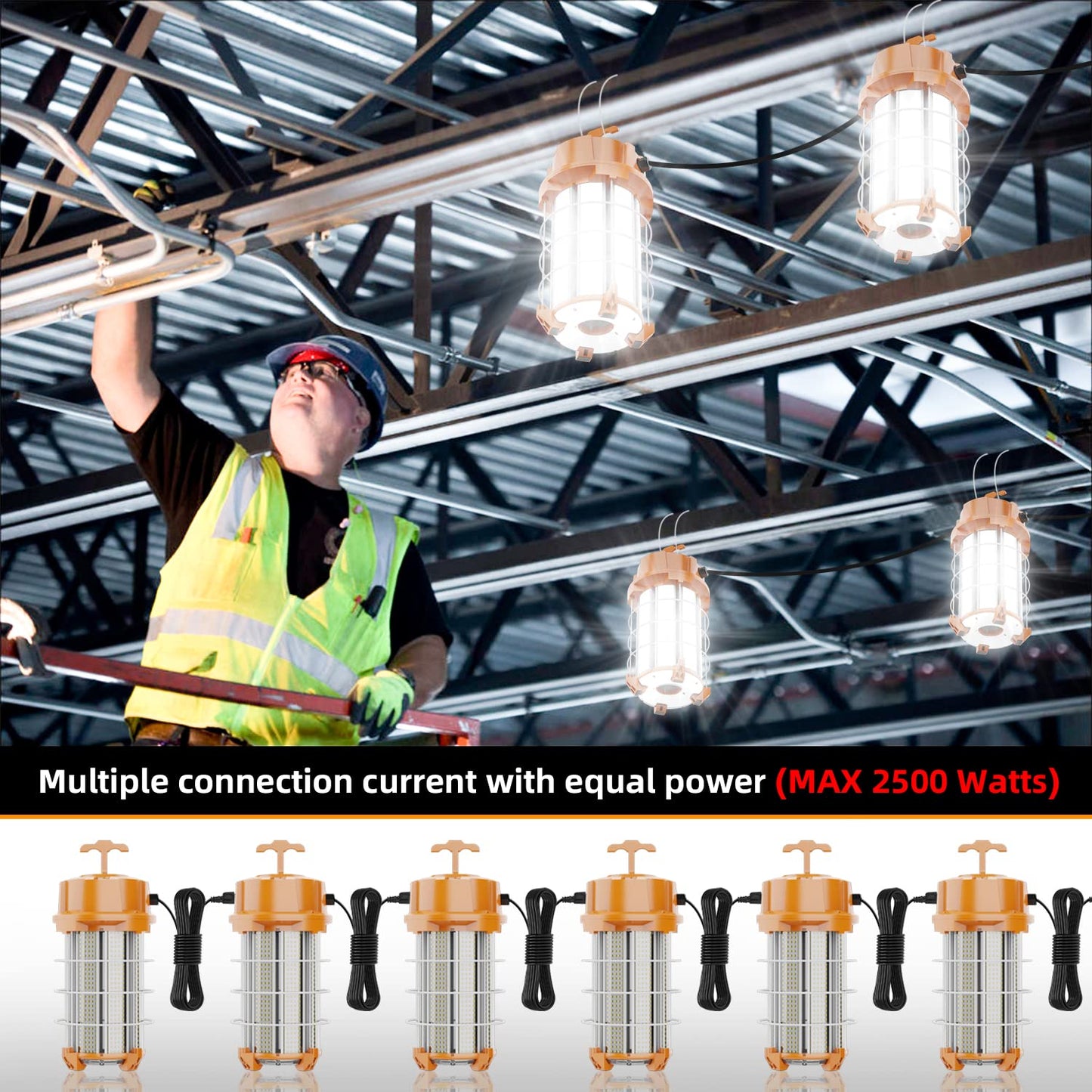 NS 250W Construction Lights Super Bright 37500 Lumens Led Temporary Work Light 5000K Portable Hook Temp Lights,Linkable Durable Job Site Lighting for High Bay Workshop Garage Shop Area Lighting