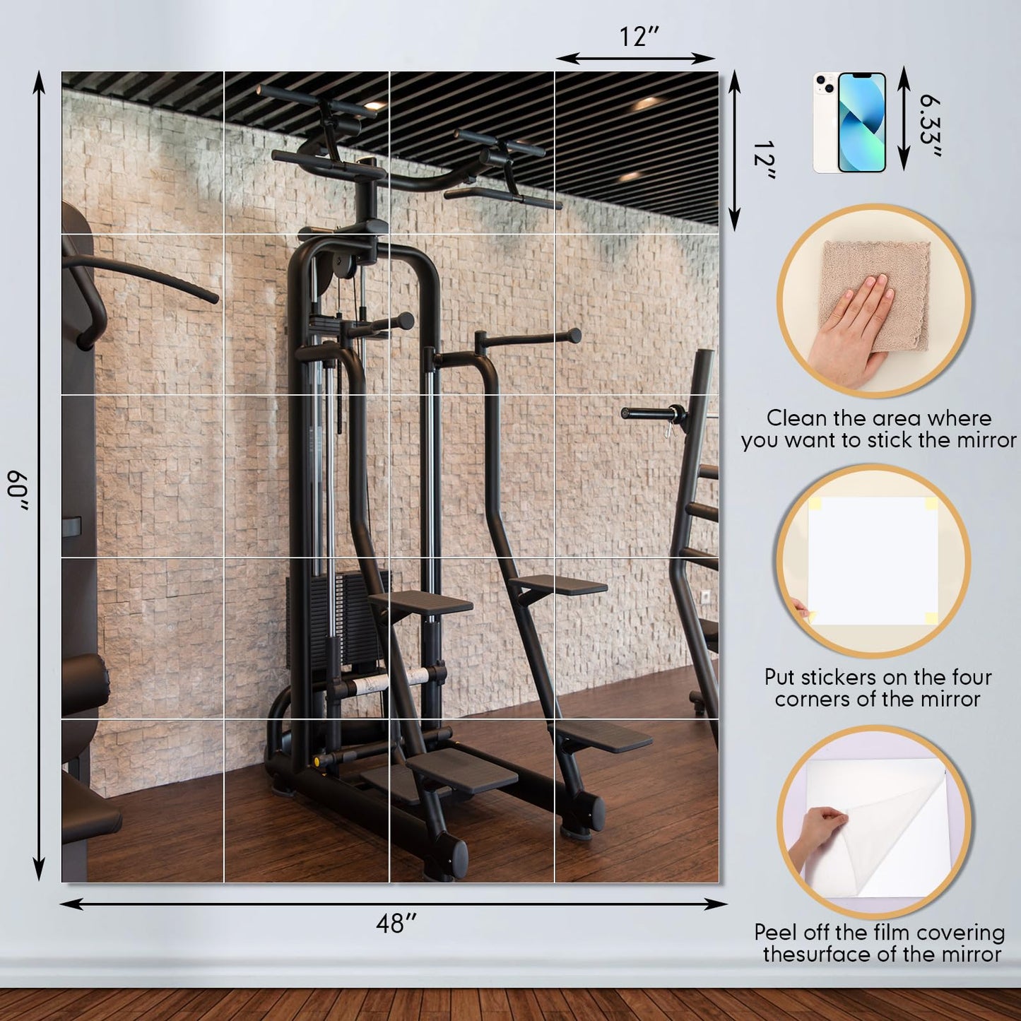 Queekay 20 Pcs Home Gym Mirrors 12'' x 12'' Mirror Tiles Self Adhesive Workout Frameless Acrylic Wall Mirror 2mm Thick Wall Mounted Mirror Sheets Mirror Trays for Wedding Table Centerpieces