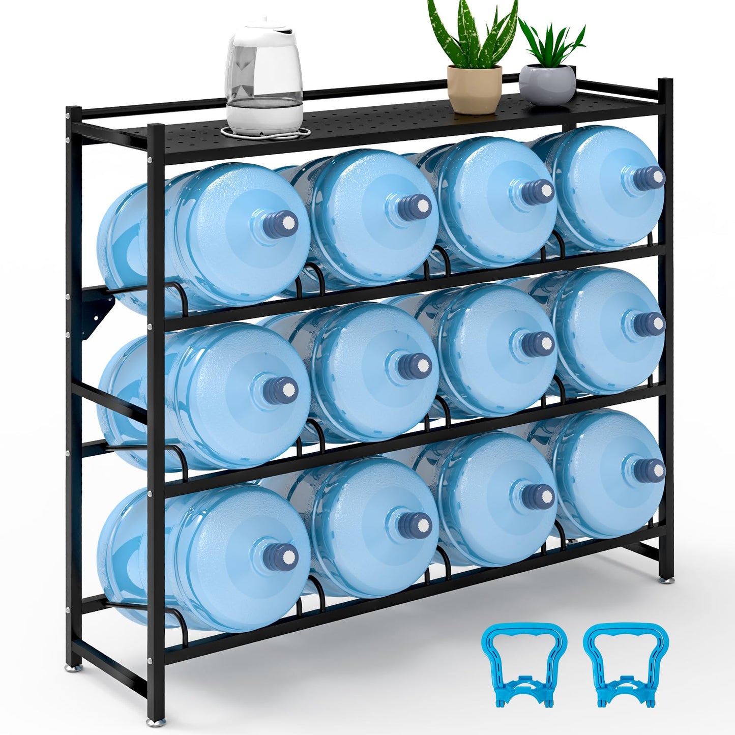 Eastrexon 5 Gallon Water Jug Holder Heavy Duty，4-Tier Water Jug Rack w/Top Shelf, Wall Mount Water Bottle Holder for 12 Bottles, Powder Coated Water Rack Stand for Home, Office, Restaurant, Gym.