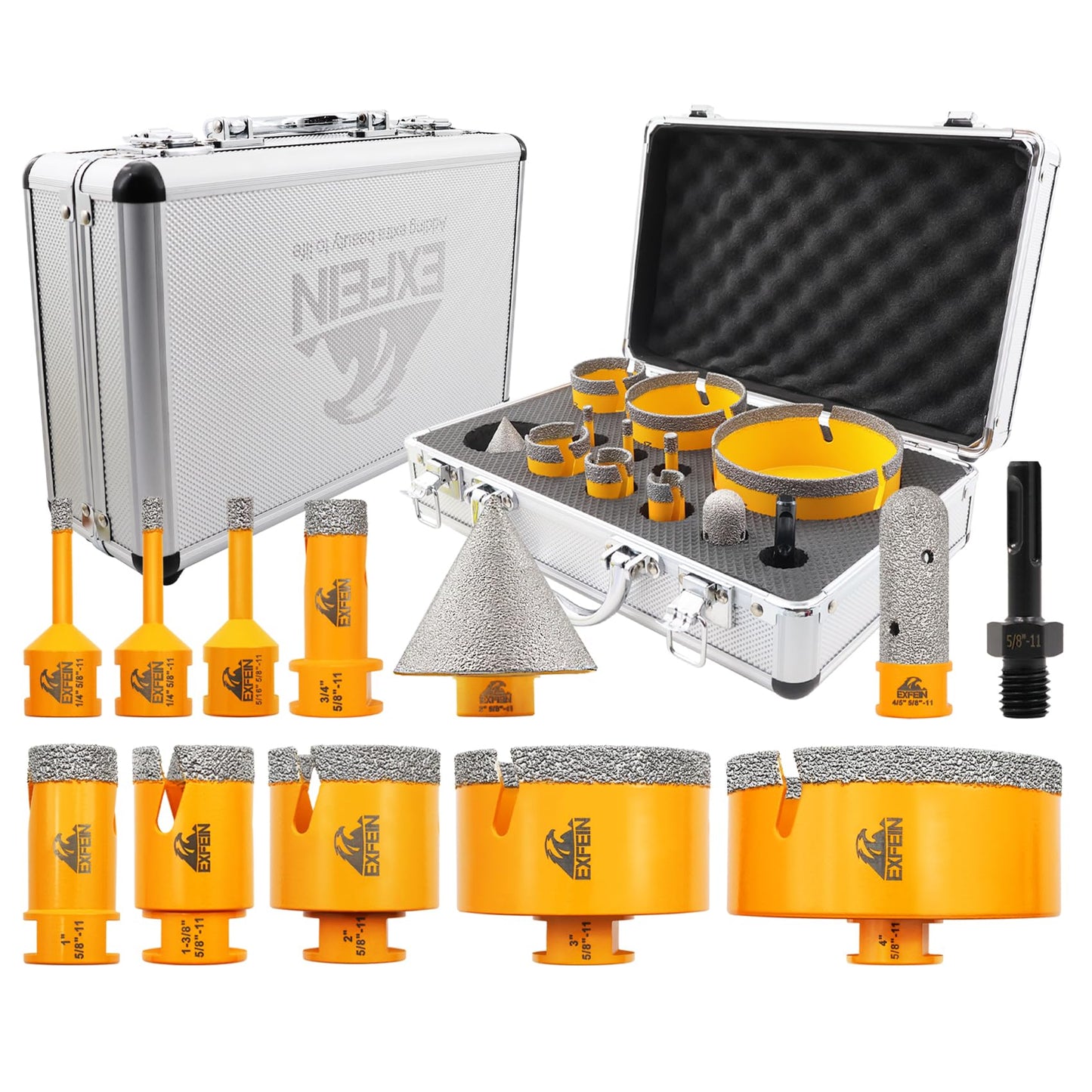EXFEIN Diamond Tile Hole Saw Kit 12pcs - Diamond Core Drill Bits 6/6/8/19/25/35/50/75/102mm for Tile Porcelain Ceramic Marble with 20mm Finger Bit and 50mm Chamfer Bit Trimming Holes and SDS Adapter