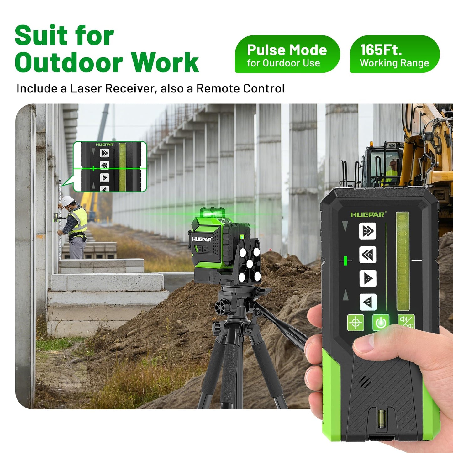 Huepar Laser Level 360 Self Leveling Outdoor with Fixed-Point Pivot Alignment Adjustment, 1/13"Precision Lazer Leveler with Pulse Mode, Adjustable Brightness, Remote Control Receiver, Solo Projects