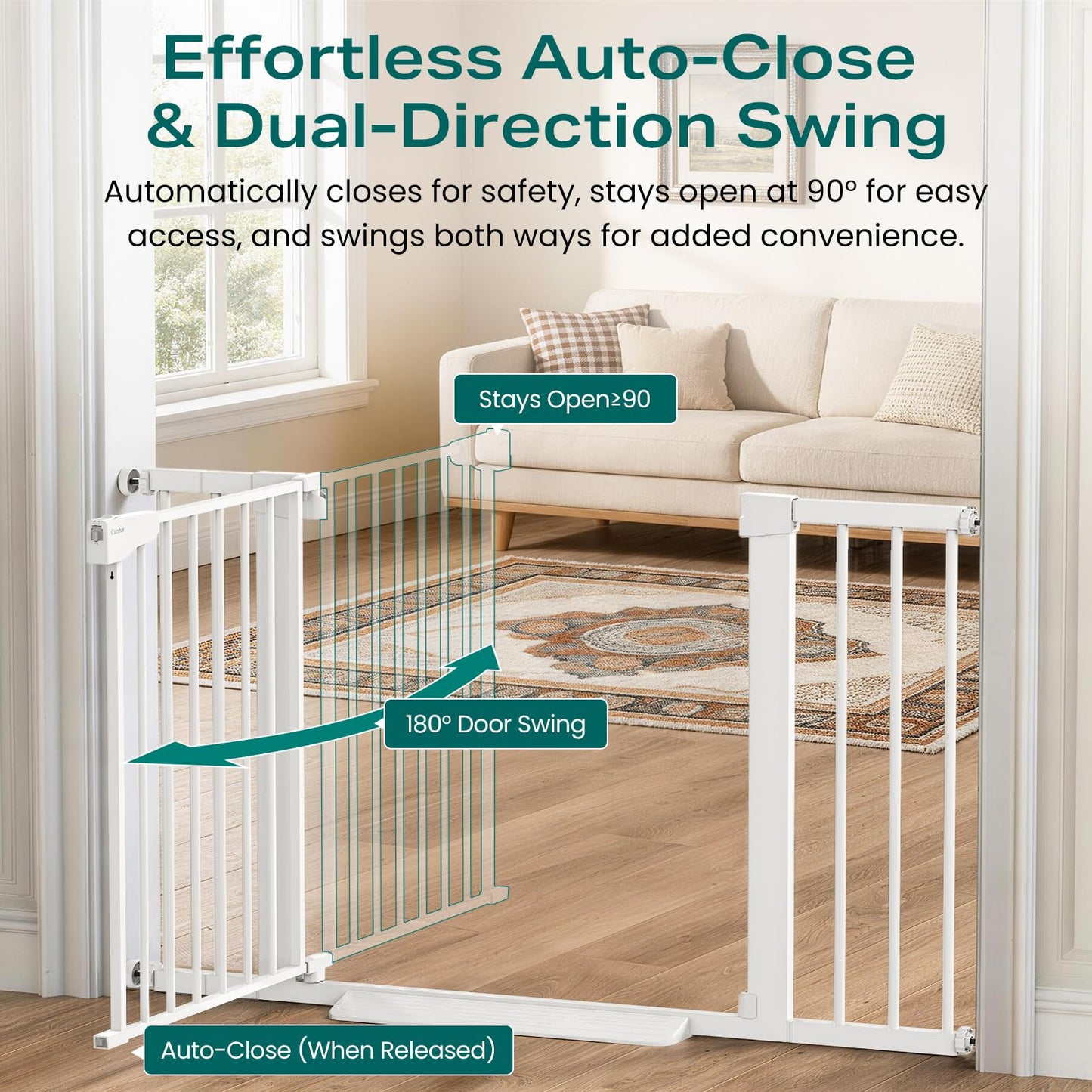 Cumbor 29.7-46" Baby Gate for Stairs, Toddler Safety Essentials for The House, Auto Close Dog Gate for Doorways, Mom's Choice Awards Winner-Easy Install Pressure Mounted Pet Gates for Dogs, White