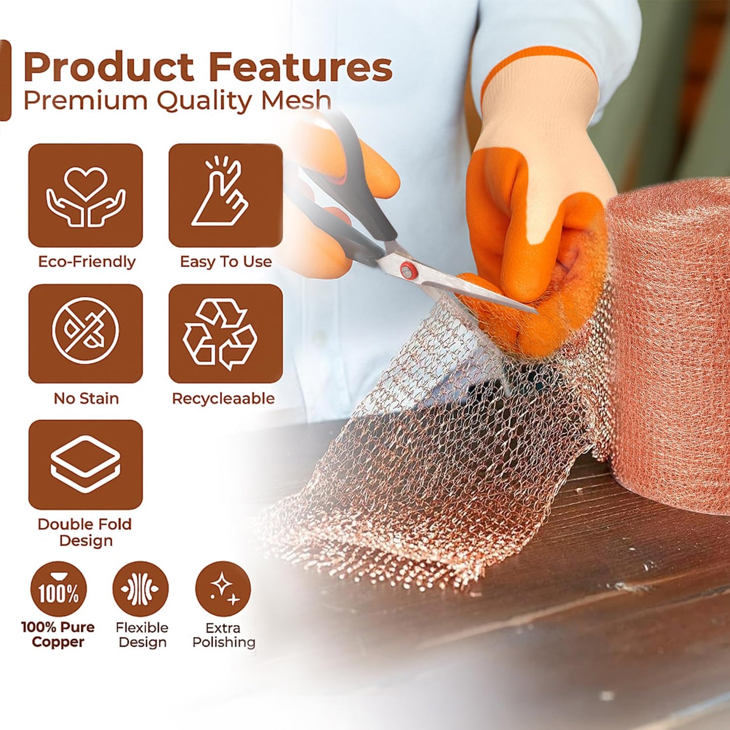 Copper Mesh Rodent Control, 5in x 202ft- Rustproof Copper Mesh Roll for Rodent, Bat & Snail - Perfect for Hole Blocking, Gardening & Sealing Water Opening - Plus Bonus Scissor & Gloves