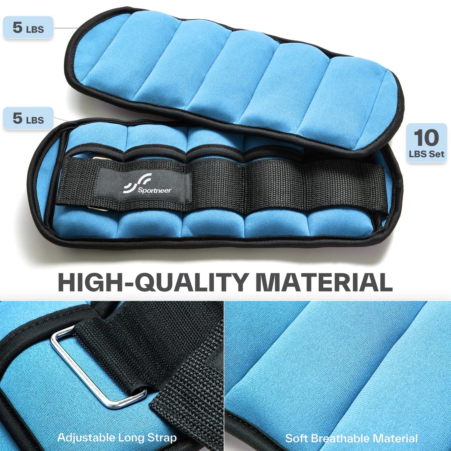 Sportneer Adjustable Ankle Weights Set - 1 Pair (2-10 lbs) Removable Sandbags for Women & Men, Comfortable Neoprene Leg Weights for Walking, Running, Pilates, Yoga, Home Workout & Physical Therapy
