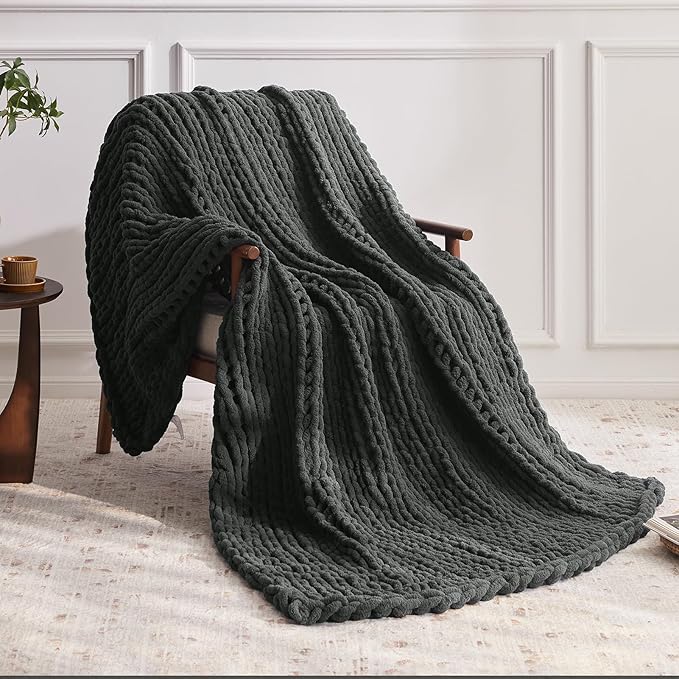 Negwoo Chunky Knit Throw Blanket, 50''*60'' Knitted Throw Chenille Yarn for Bed Couch, Handmade Dark Grey Crochet Big Thick Blanket, Machine Washable Cute Comfy Blanket for Home Decor