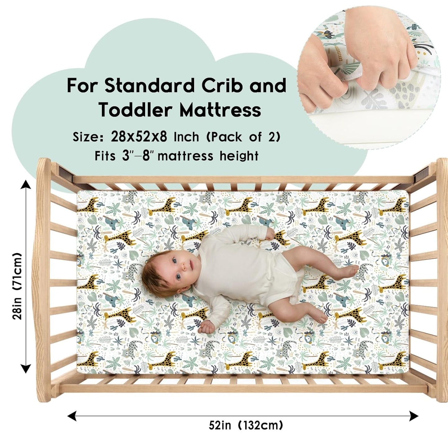 Yoofoss Fitted Baby Crib Sheets - Super Soft Microfiber 2-Pack for Standard Crib & Toddler Mattress | Green & Giraffe Design 28x52x8in
