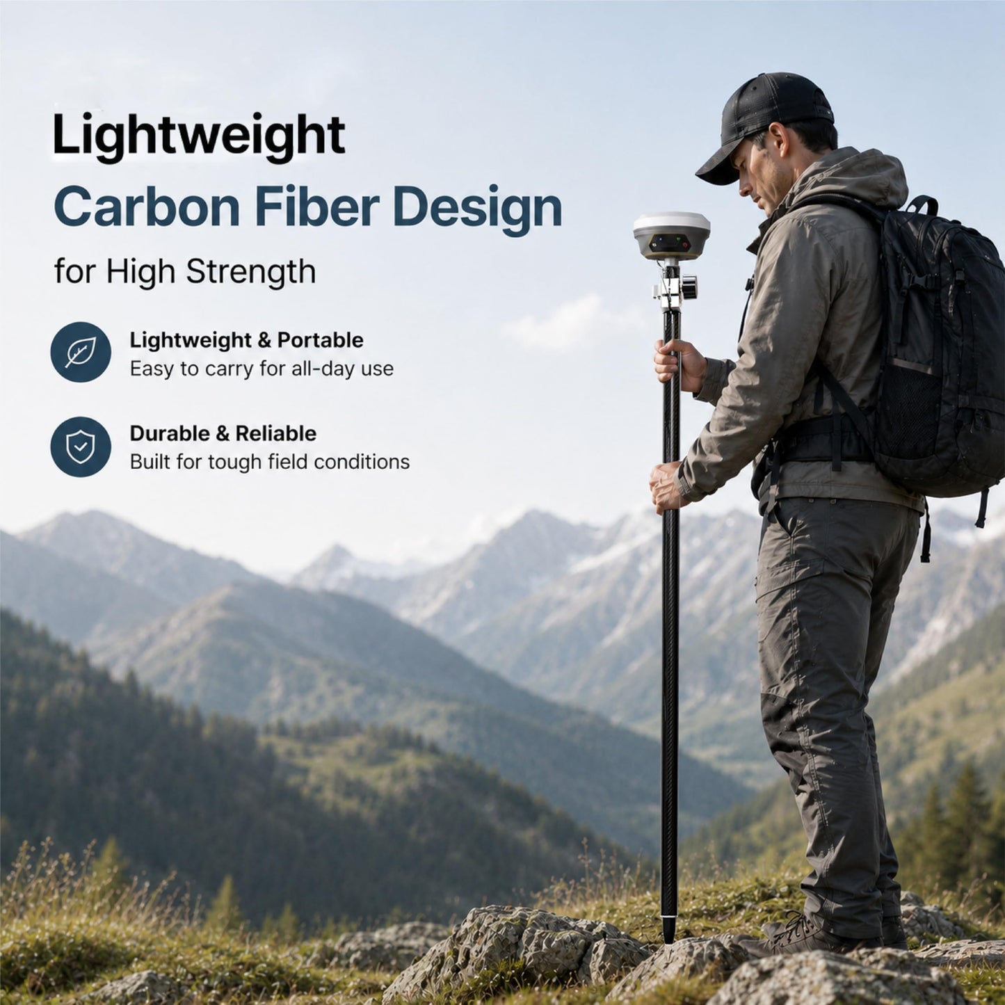 2.2M / 7.22ft Self-Locking Carbon Fiber GPS Survey Pole, Telescopic 125–220 cm GNSS Rover Rod Compatible with Trimble, 5/8″ Thread, Lightweight Oxford Cloth Carry Bag for Land Surveying & RTK GNSS