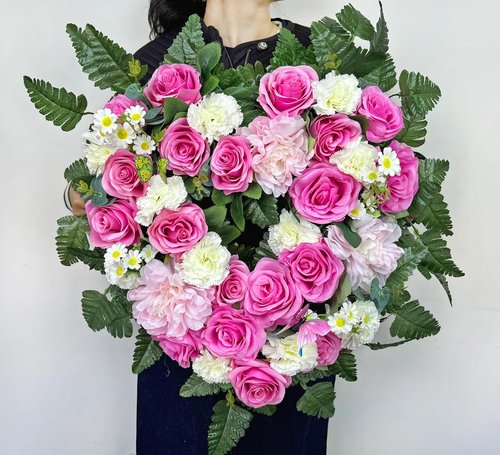 MUVIC Cemetery Flower Wreaths - Elegant Heart-Shaped Memorial Floral Arrangement | Pink Hibiscus & Daisy - 27 Inch