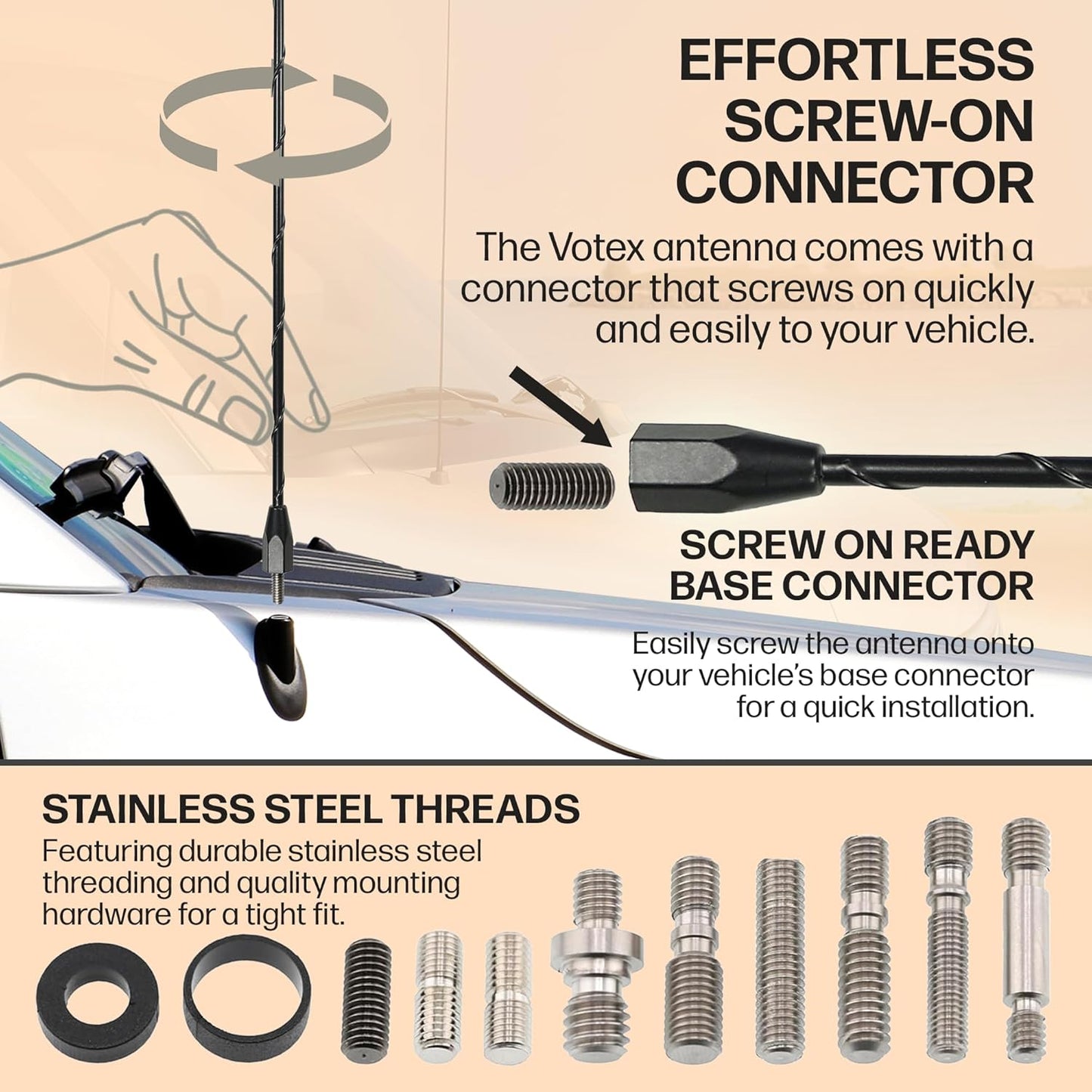 Votex 15 Inch - Black Antenna - Spiral Wind Noise Cancellation - Spring Steel Construction - Stainless Steel Threading