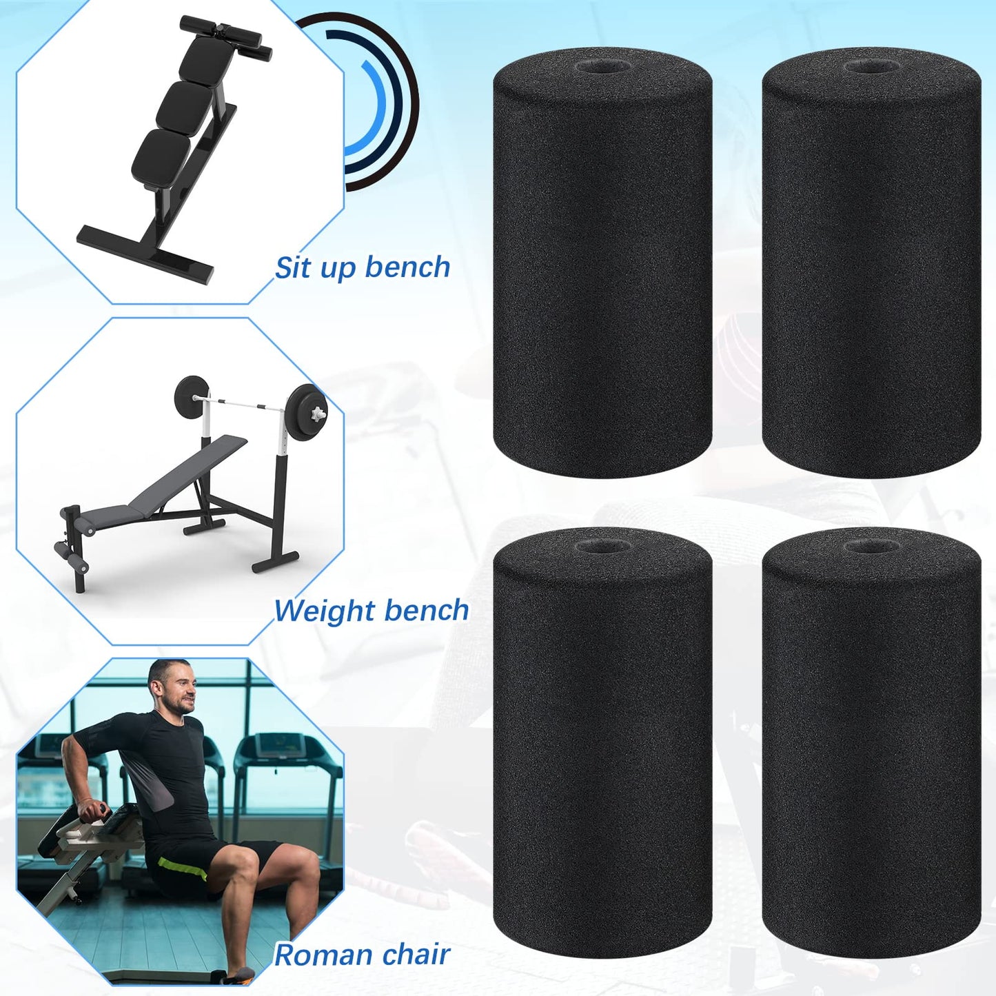 Deekin 4 Pcs Foam Foot Pad Rollers Buffer Tube Cover for Exercise Machine Home Gym Equipment Replacement Pads for Leg Extension Weight Bench Inversion Table(0.87 x 2.56 x 4.53 Inches)