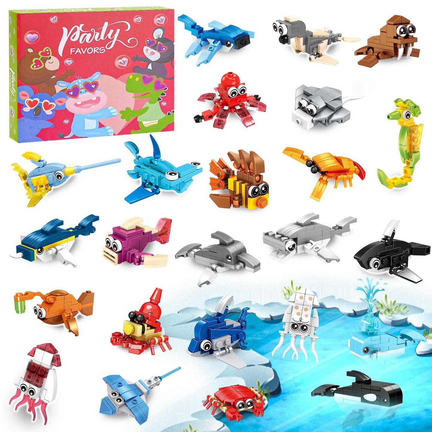 PEACEJOUNEY 24-piece Valentine's Day Gift Set, Ocean Life Building Blocks, Suitable for Boys and Girls - Valentine's Day Party Gifts, Classroom Exchange Gifts, School Reward Items