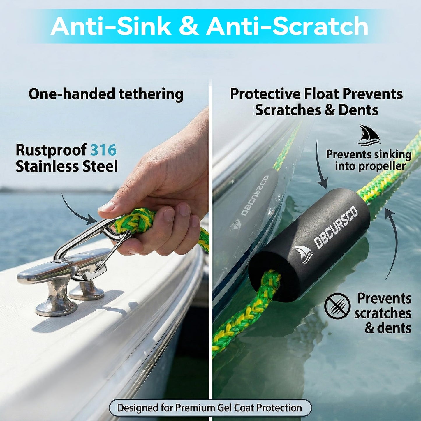 Obcursco Bungee Dock Lines for Boat, Docking Rope with 316 Stainless Steel Clips, Accessories for Jet Ski, PWC, SeaDoo, Pontoon, Center Console, Sets of Two(4ft & 6ft) (Green/Yellow)