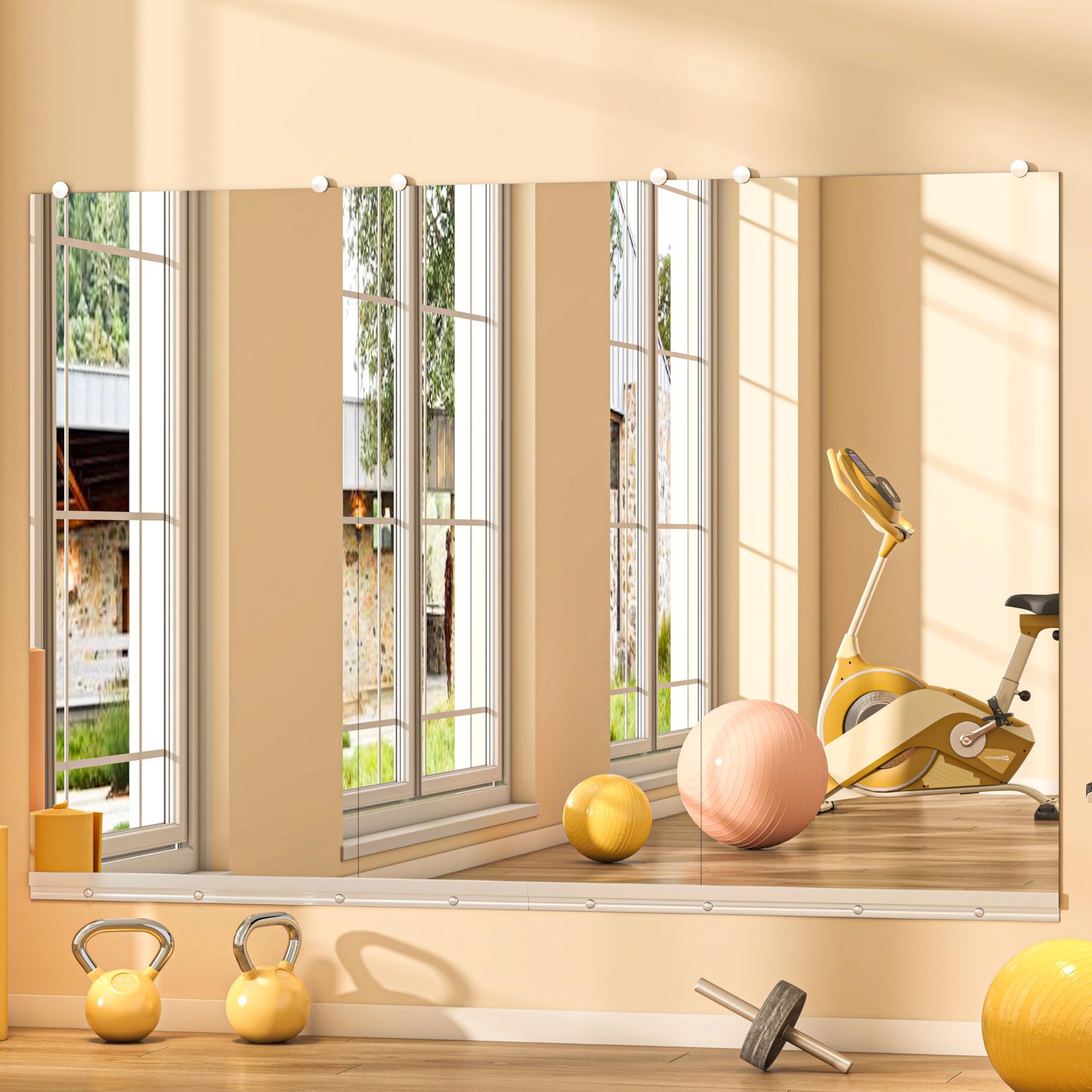 Hasipu Home Gym Mirror, 48"x24" Each, 2-Pack Frameless Wall Mounted Mirrors with Glass Clamps & 1 Aluminum Rail, Large Body Mirror for Home Gym, Yoga Studio, Bedroom, Silver Tempered Glass
