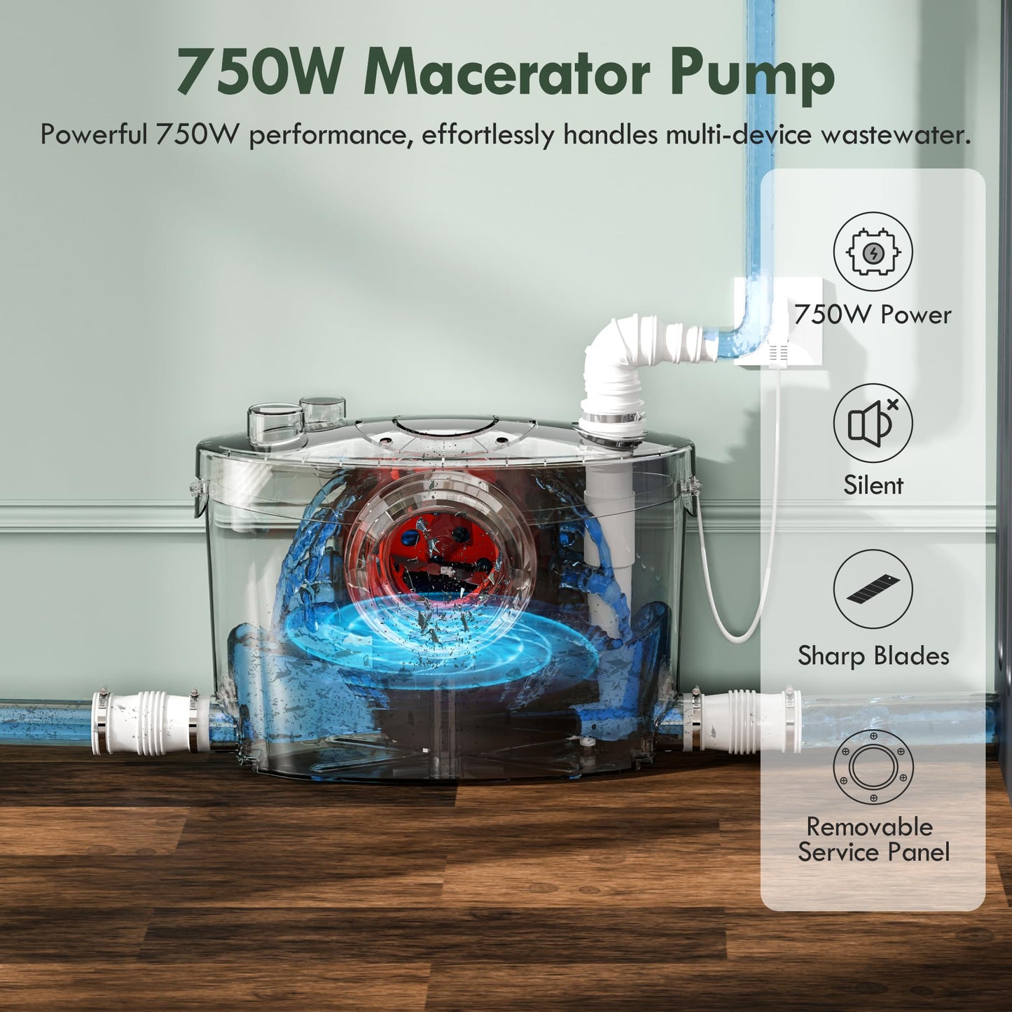 Simple Project 750w Macerator Pump, Basement Toilet System 36 Ft/10 M Head, Sewerage Grinder With 4 Water Inlets for Macerating Toilet, Shower, Bathtub Waste Water Disposal