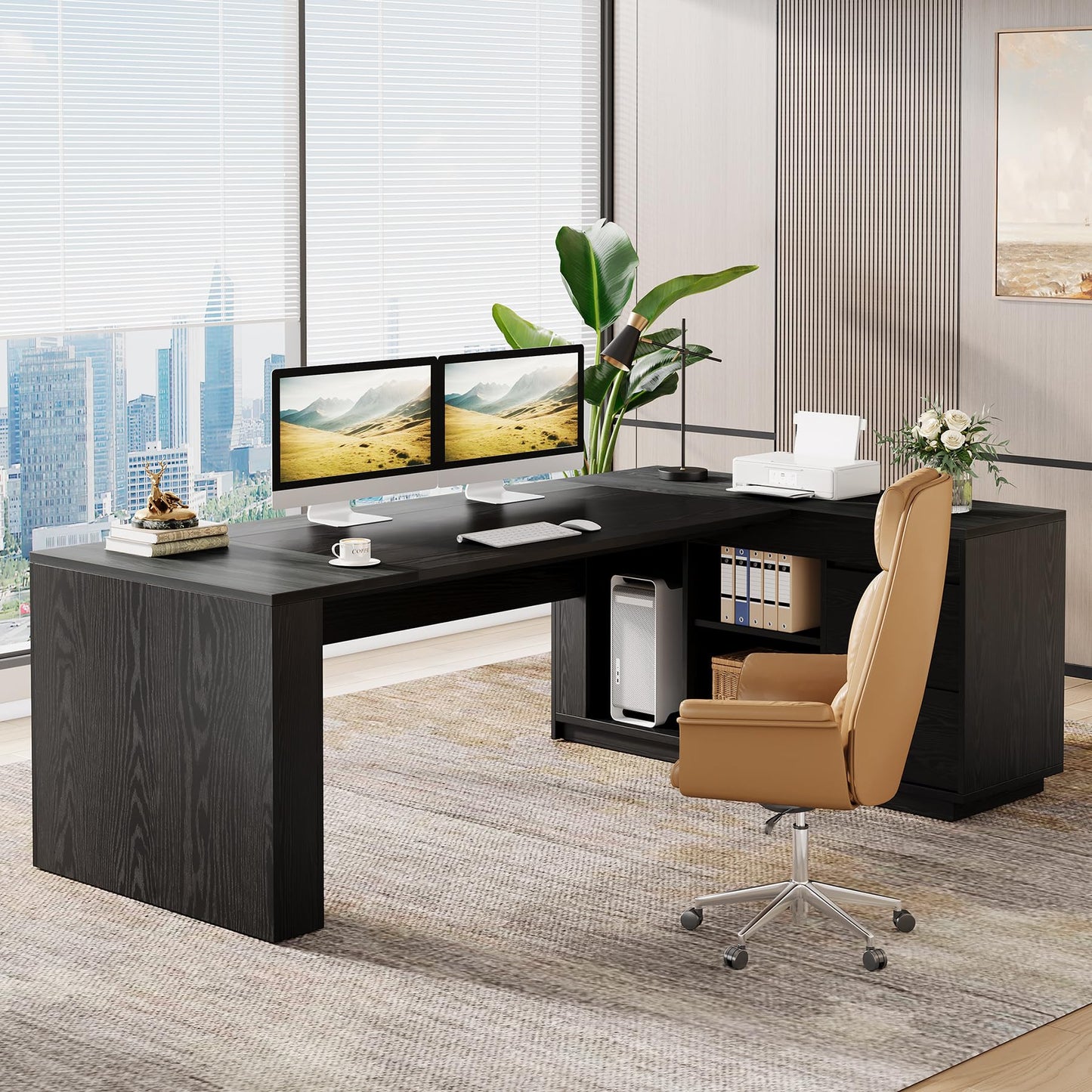 Tribesigns 78" L Shaped Executive Desk with Drawers, Large Office Computer Desk with Cabinet and Storage Shelves, Modern Business Furniture Sets Workstation for Home Office (Gray&Black)