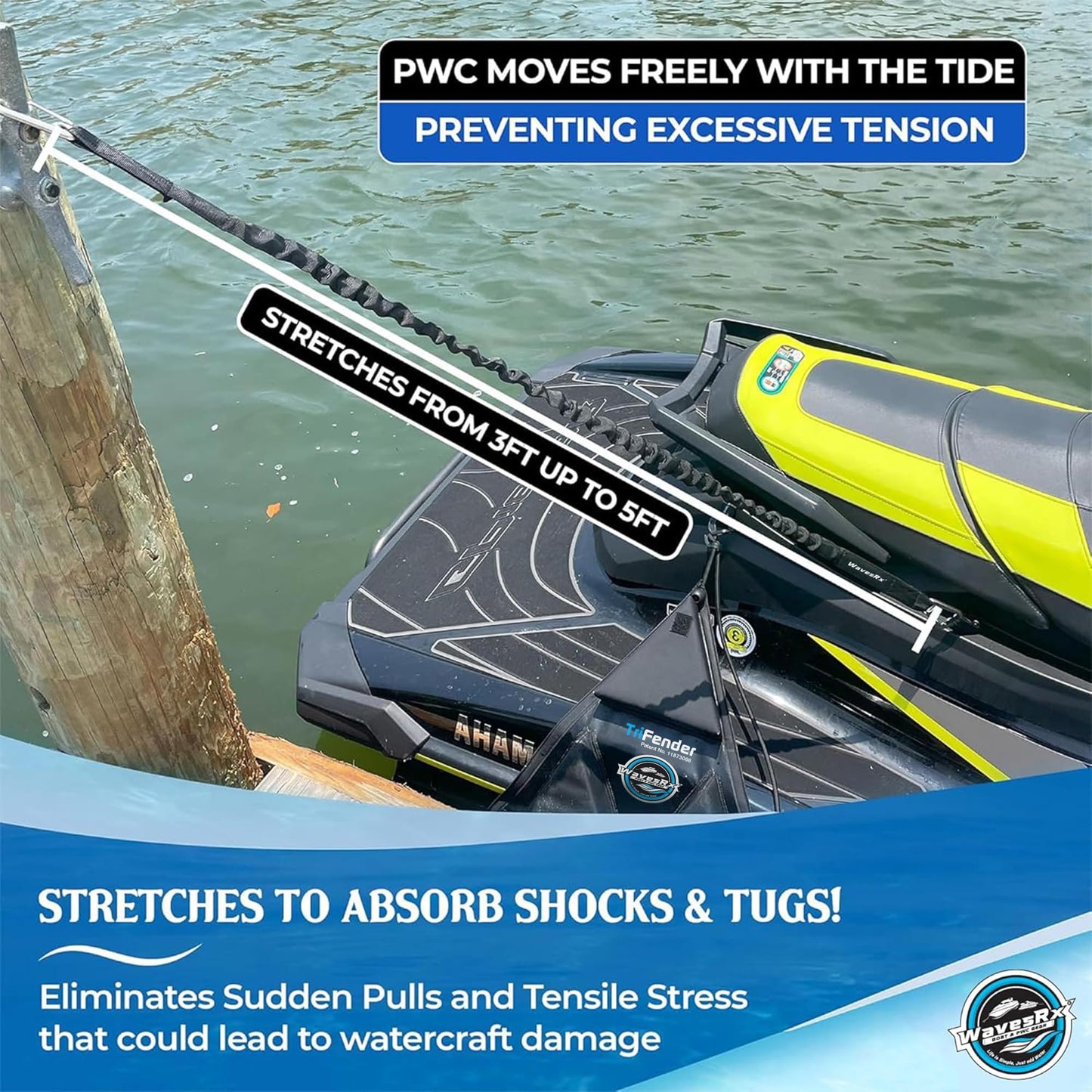 WAVESRX DockingPal™ - Premium Flat Bungee Dock Lines for Boats I Elastic Boat Dock Rope with Stainless Steel Carabiners | Stretches from 3' to 5' | Absorbs Shocks Prevent Damage to Jet Ski & PWC
