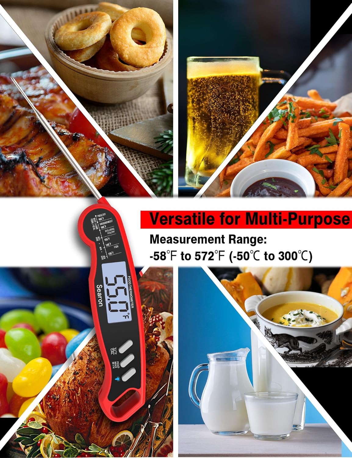 Searon Digital Meat Thermometer - Instant Read, Waterproof Design for BBQ, Grilling & Baking