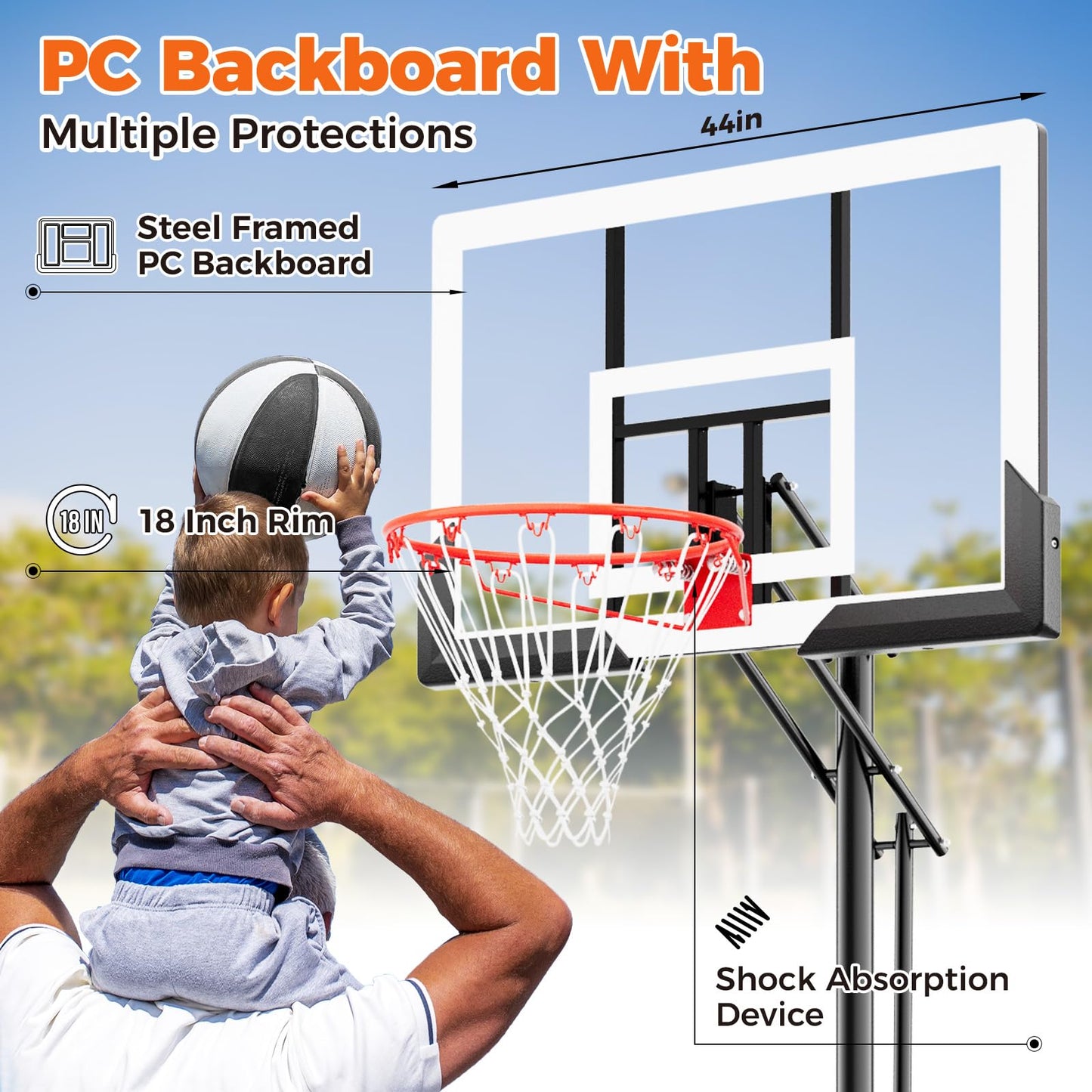 AWII SPORT Basketball Hoop 44 Inch Backboard Protable Basketball Hoop Outdoor, 4.8-10ft Height Adjustable Basketball Goal System for Kids Youth Adults Play in Backyard/Courts/Indoor