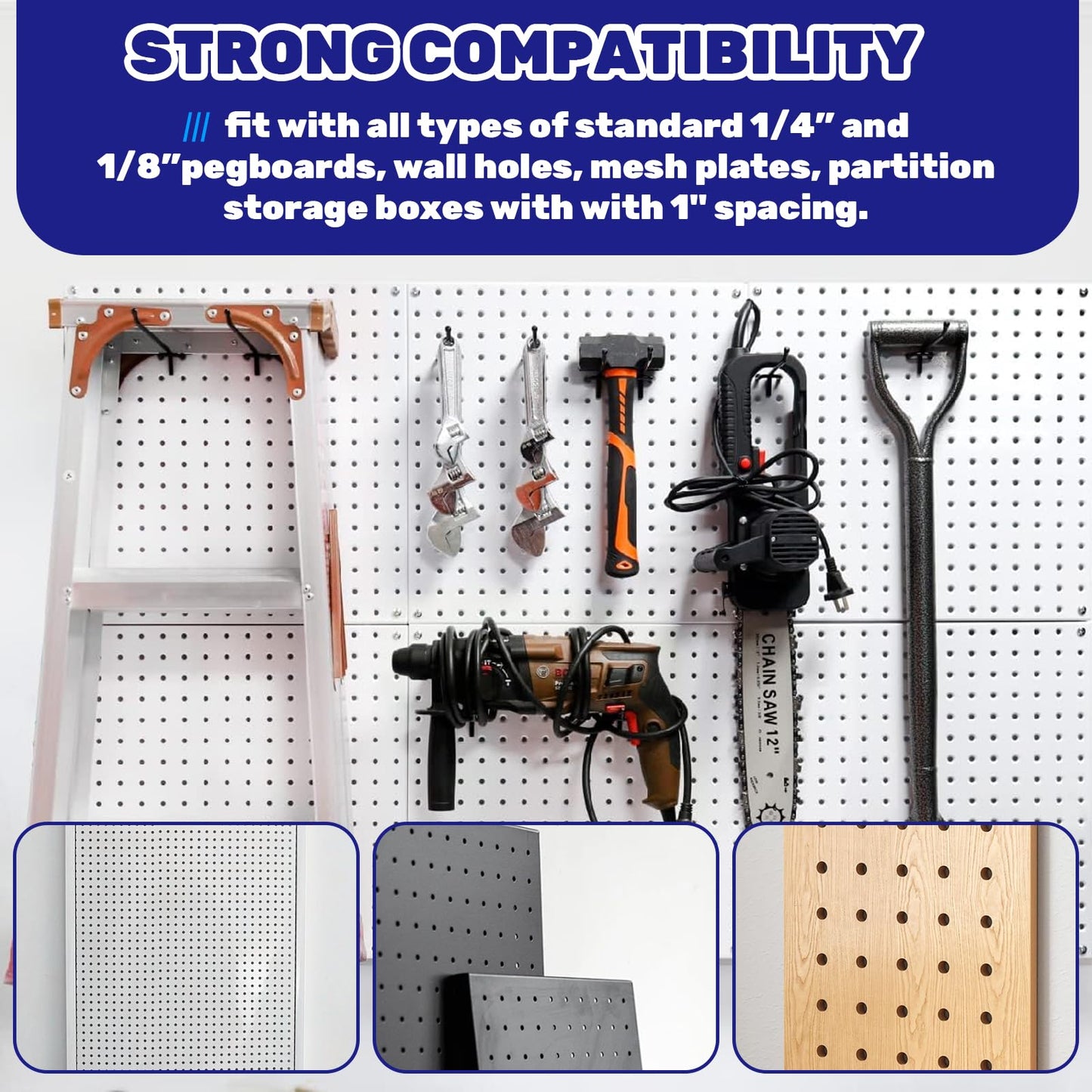 Waltool 40Pcs 2" /50mm Stainless Steel Pegboard Display Hooks Bulk Set, Black Garage Organization Peg Wall Hook Metal Slatwall Panel Hook Fit 1/8 and 1/4 Inch Pegboard for Retail