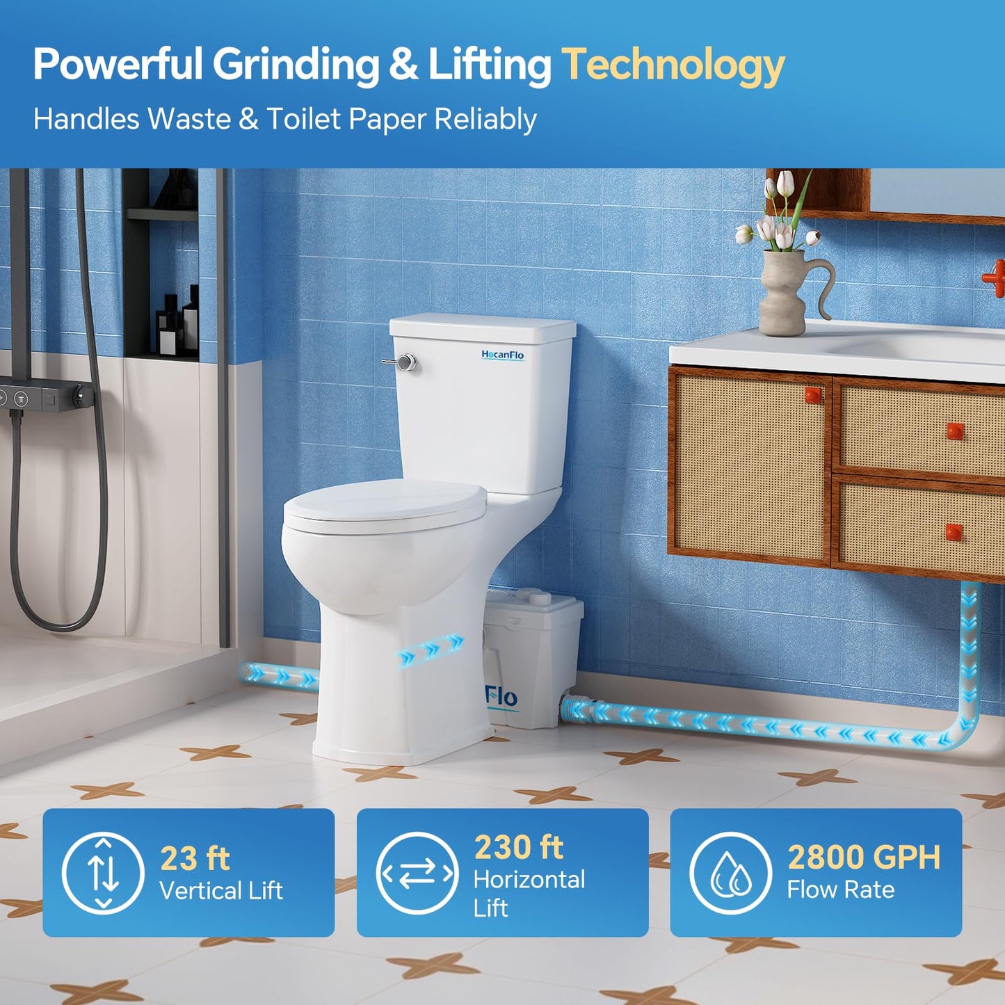 Upflush Macerating Toilet System – 21" ADA Compliant Tall Toilet with Macerator Pump Durable Copper Grinder with 4 Inlets for Basement Kitchen, Shower, Sink & Laundry, Extension Pipe Included