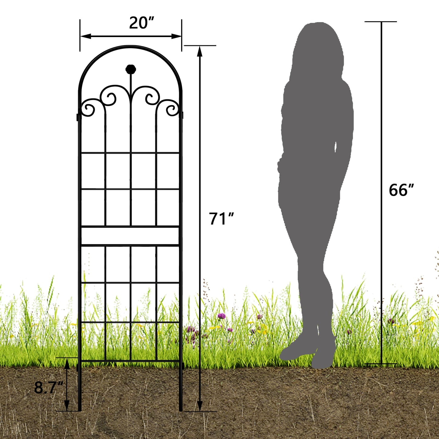 LZRS 4 Pack 71x20in Rustic Iron Arch Decoration Garden Trellis with Black Metal Coating – Perfect for Supporting Climbing Plants Outdoor, Roses, Vines, Flowers, and Vegetables.