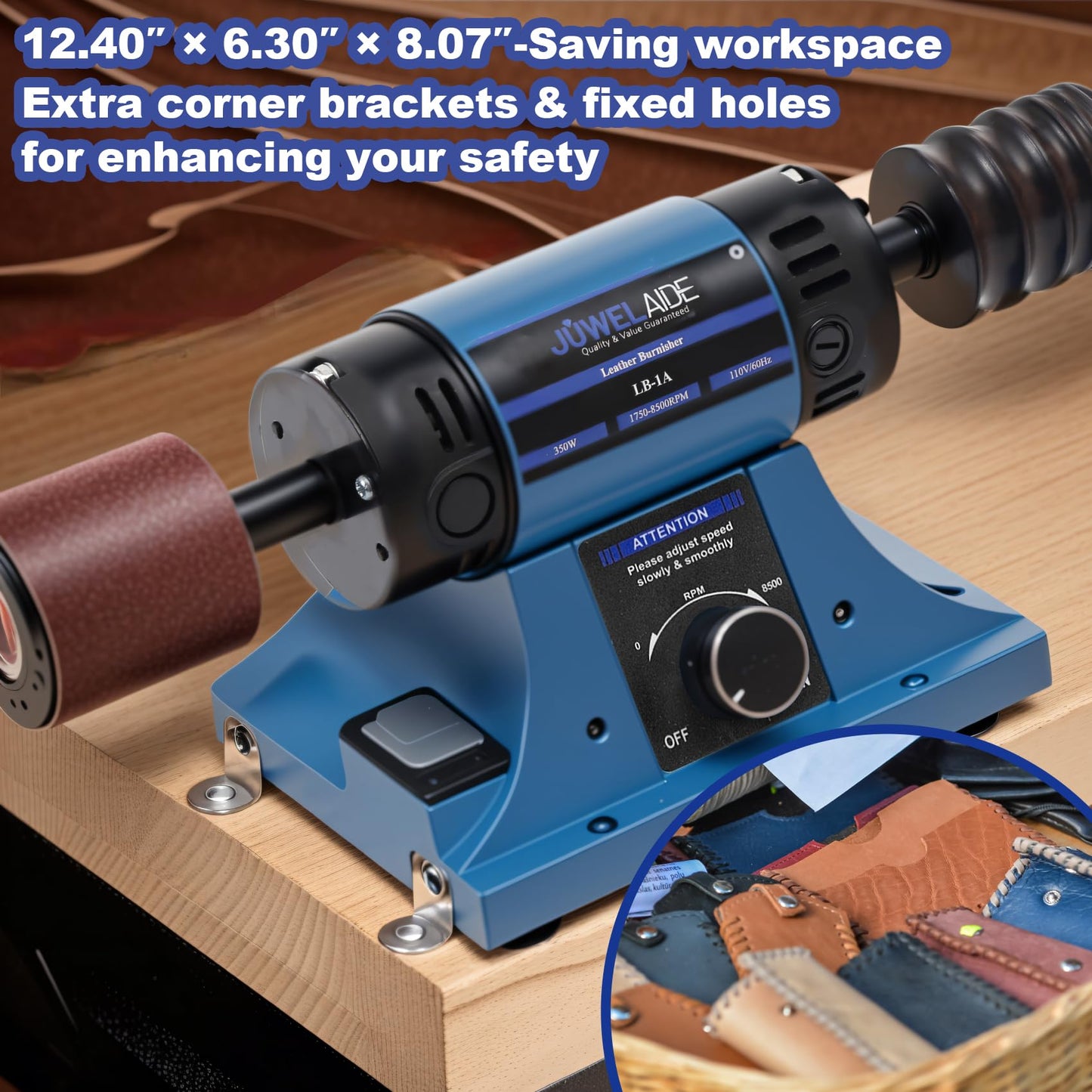 JUWELAIDE Leather Burnishing Machine | Variable Speed Leathercraft Bench Grinder, Polishing Tool, Sanding Machine, Rosewood Wheel for Leather Edge | Low Noise Motor, Standard 2x2 Inch Drum Sleeves