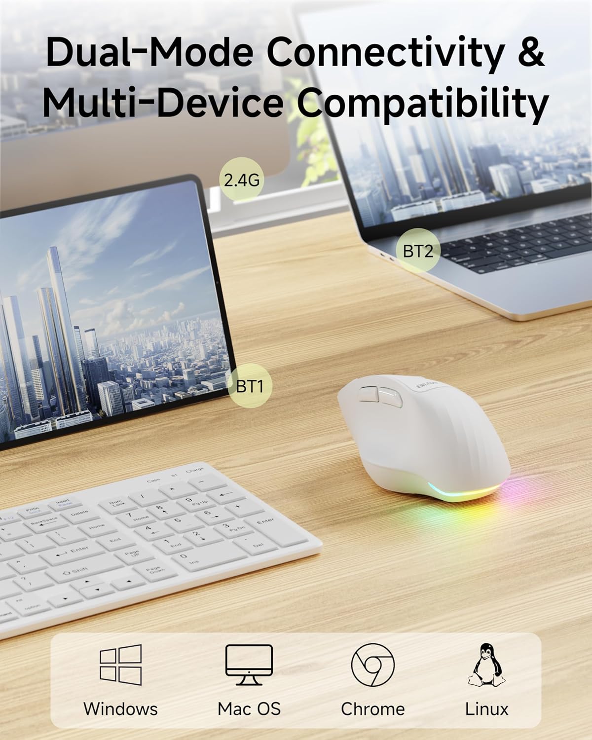 EWEADN C2 2.4G 5 4000 Ergonomic Wireless Mouse, Rechargeable Bluetooth & Dual Mode Computer Mouse with RGB, Quiet