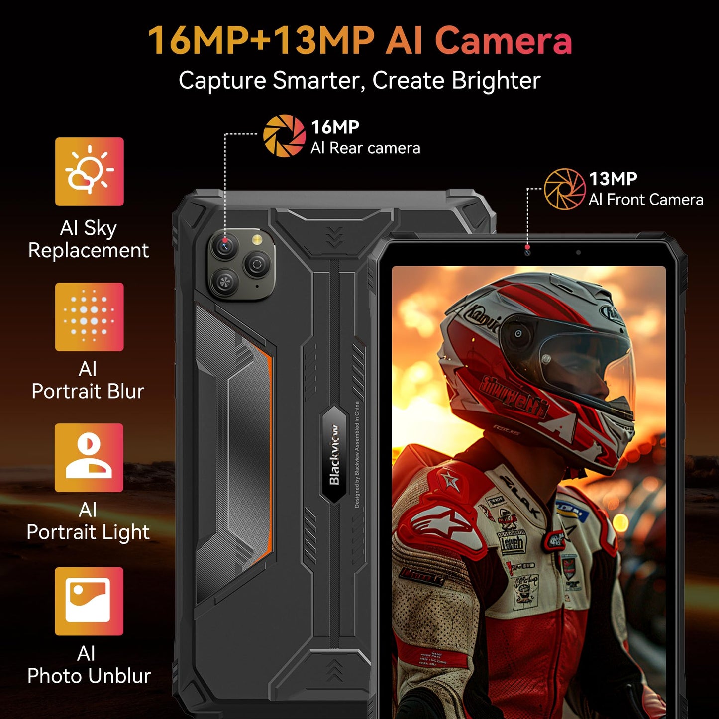 Blackview 9 inch Rugged Tablet, Android 15 Waterproof Tablet wirh Gemini AI, 18GB+128GB TF 2TB, 180Hz, IP68/IP69K, MIL-STD-810H Shockproof, 16MP+13MP, 18W/OTG/5G WiFi/GPS/NFC/TÜV/Face ID/Glove Mode