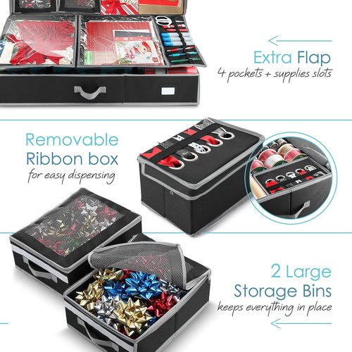 Hearth & Harbor Holiday Storage with Extra 2 PC of Christmas Storage Bins and Ribbon Storage Organizer - Fade Resistant Wrapping Paper Storage Containers with Wheels Fits Up to 30 Rolls of 40" Length